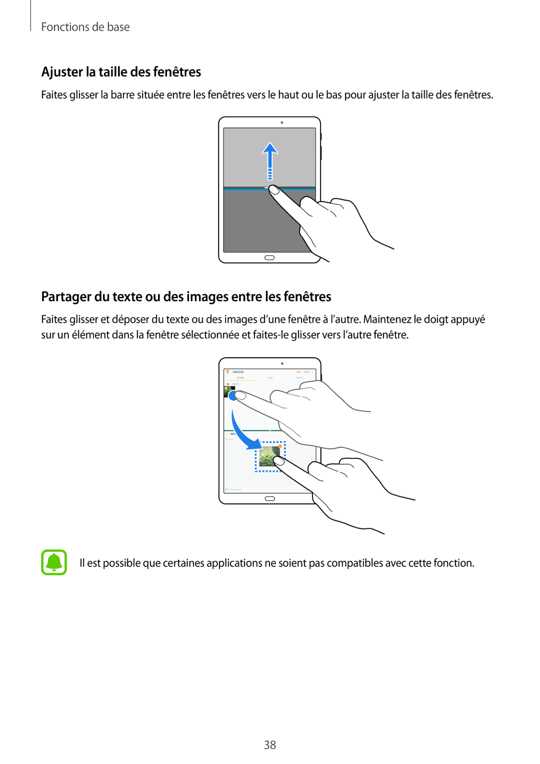 Samsung SM-T719NZKEXEF, SM-T819NZWEXEF Ajuster la taille des fenêtres, Partager du texte ou des images entre les fenêtres 