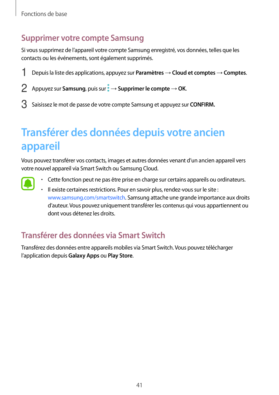 Samsung SM-T719NZKEXEF, SM-T819NZWEXEF Transférer des données depuis votre ancien appareil, Supprimer votre compte Samsung 