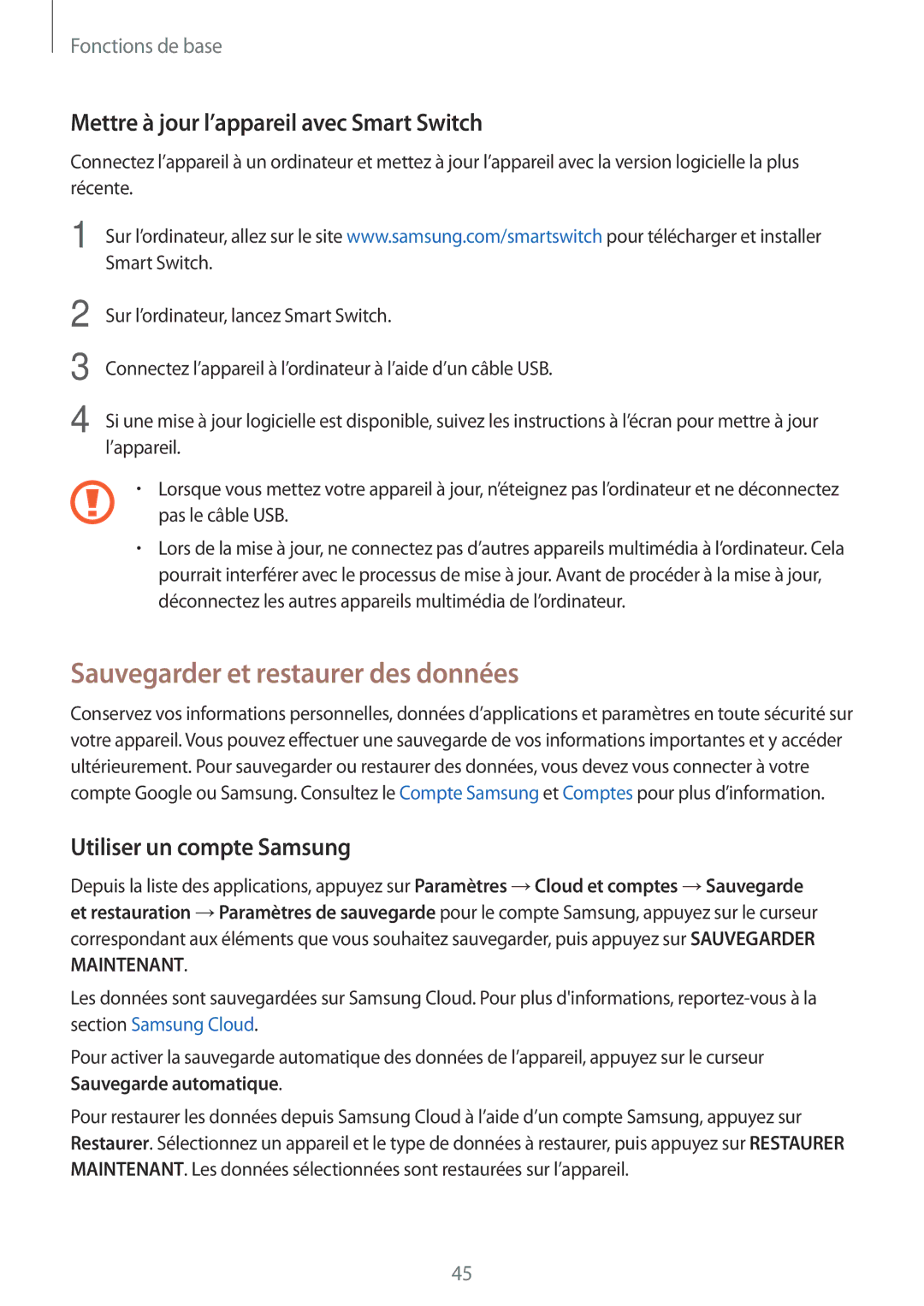 Samsung SM-T819NZWEXEF, SM-T719NZWEXEF Sauvegarder et restaurer des données, Mettre à jour l’appareil avec Smart Switch 