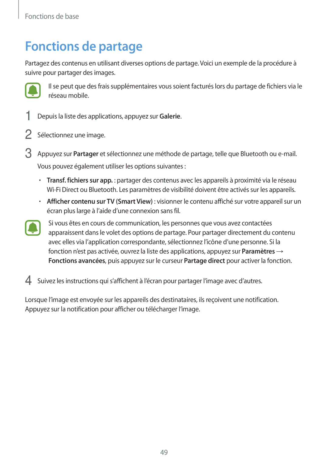 Samsung SM-T719NZWEXEF, SM-T819NZWEXEF, SM-T719NZKEXEF manual Fonctions de partage 