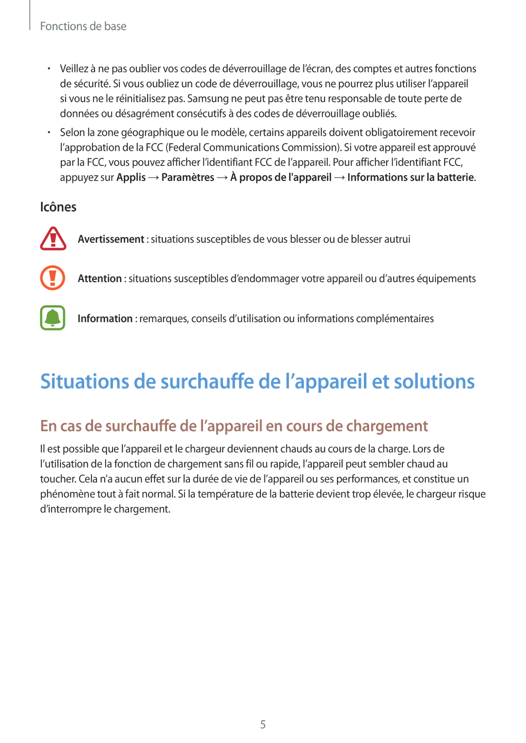 Samsung SM-T719NZKEXEF, SM-T819NZWEXEF, SM-T719NZWEXEF En cas de surchauffe de l’appareil en cours de chargement, Icônes 