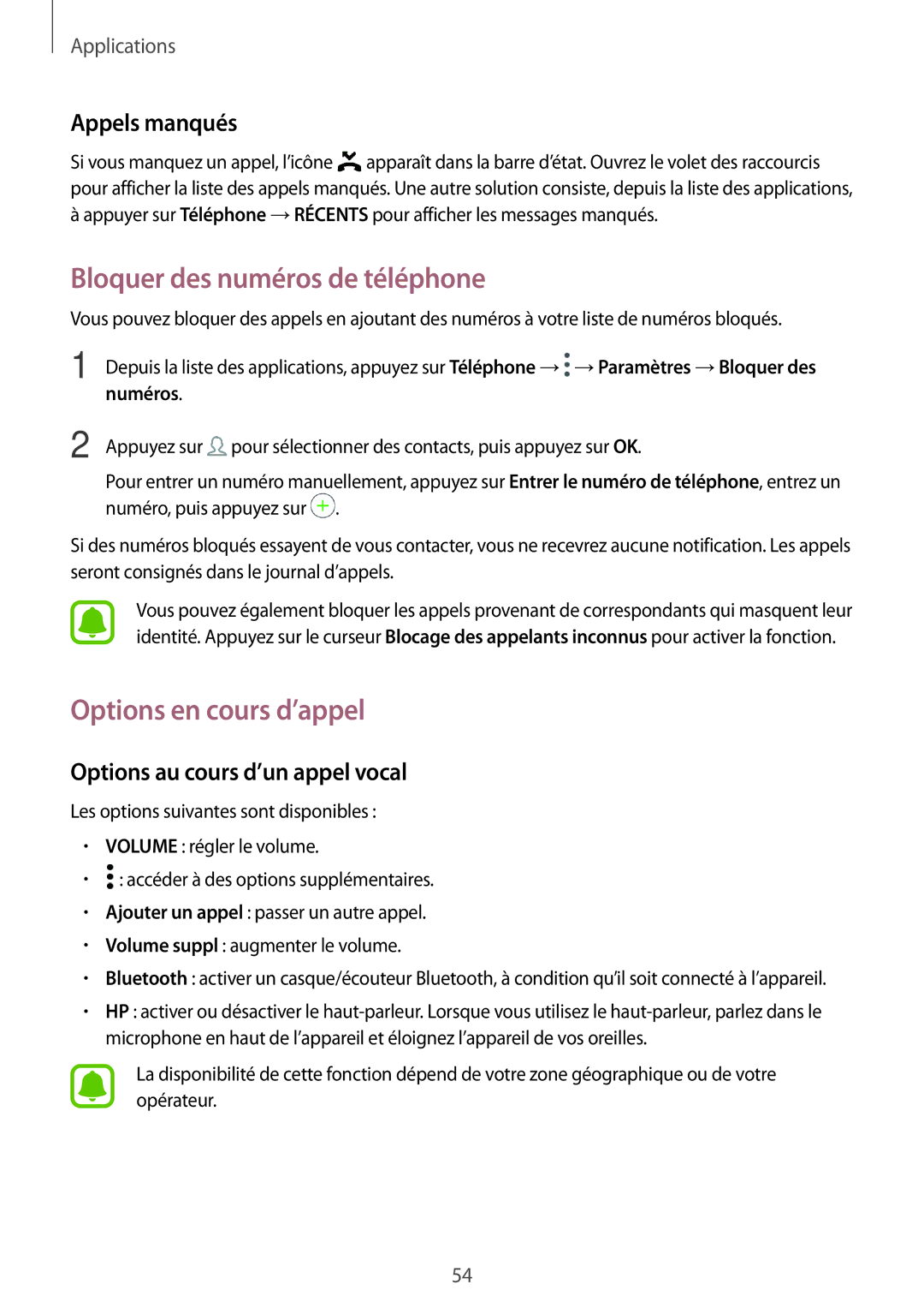 Samsung SM-T819NZWEXEF, SM-T719NZWEXEF Bloquer des numéros de téléphone, Options en cours d’appel, Appels manqués, Numéros 