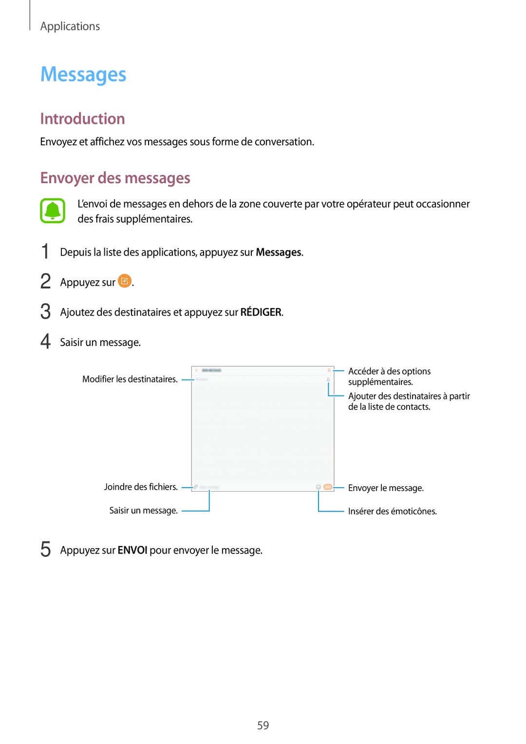 Samsung SM-T719NZKEXEF, SM-T819NZWEXEF, SM-T719NZWEXEF manual Messages, Envoyer des messages 