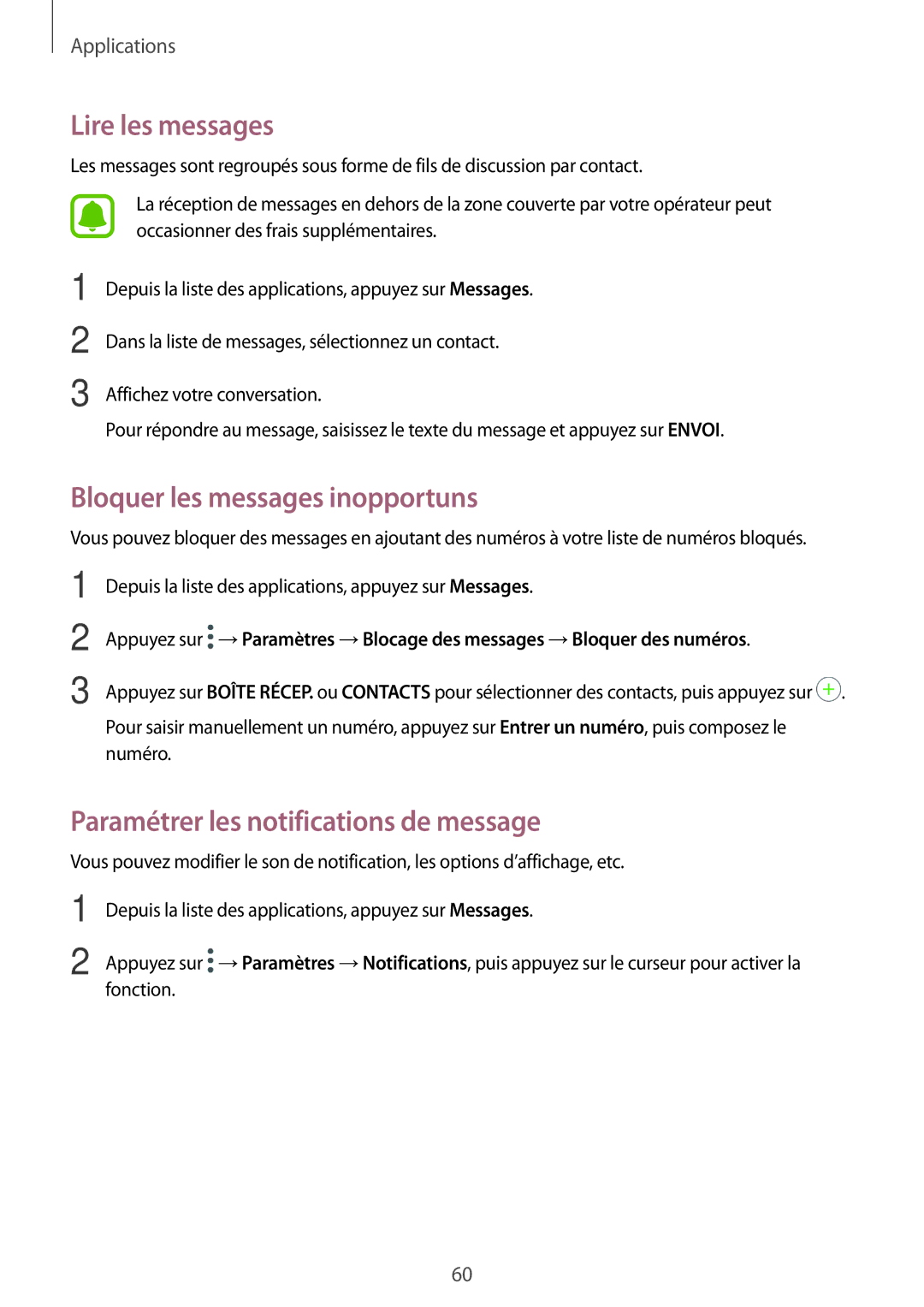 Samsung SM-T819NZWEXEF manual Lire les messages, Bloquer les messages inopportuns, Paramétrer les notifications de message 