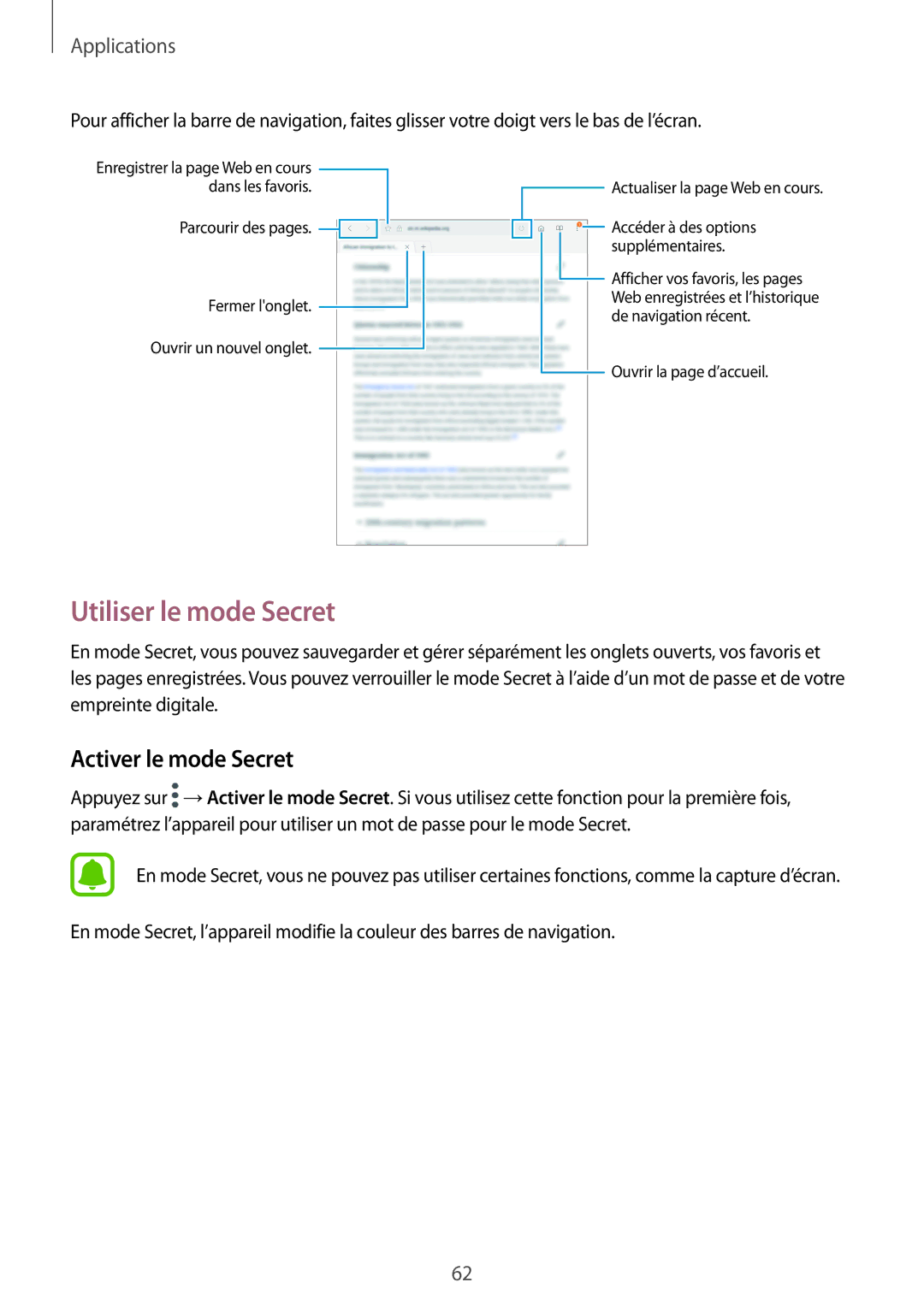 Samsung SM-T719NZKEXEF, SM-T819NZWEXEF, SM-T719NZWEXEF manual Utiliser le mode Secret, Activer le mode Secret 