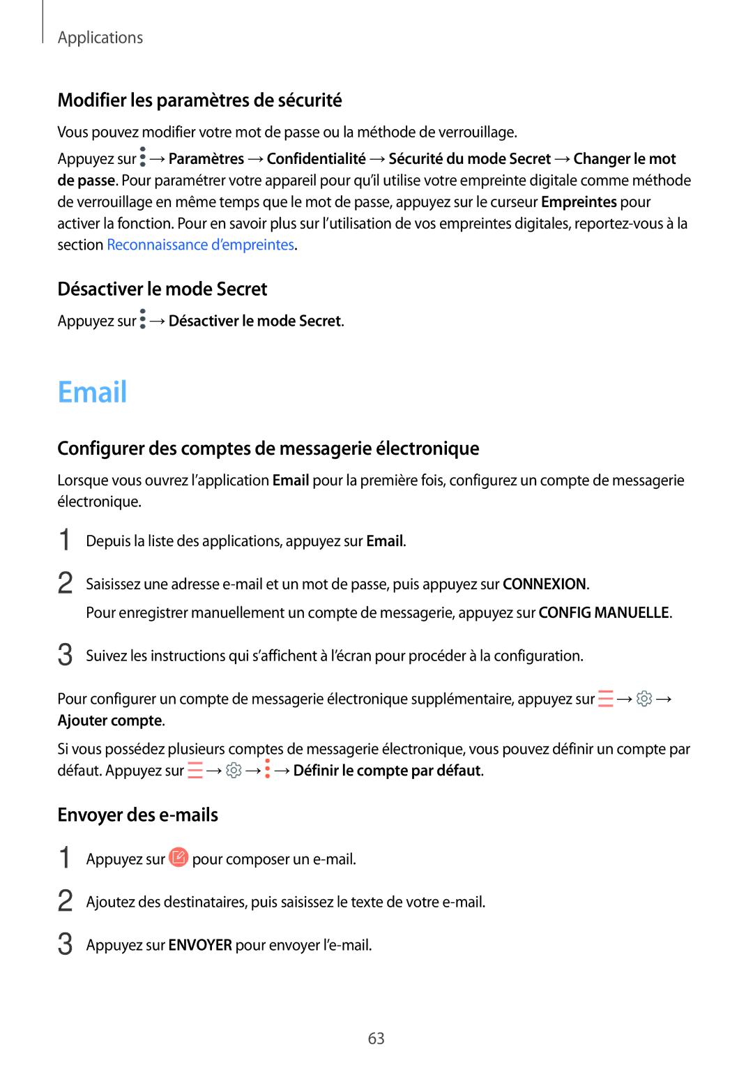 Samsung SM-T819NZWEXEF, SM-T719NZWEXEF Modifier les paramètres de sécurité, Désactiver le mode Secret, Envoyer des e-mails 