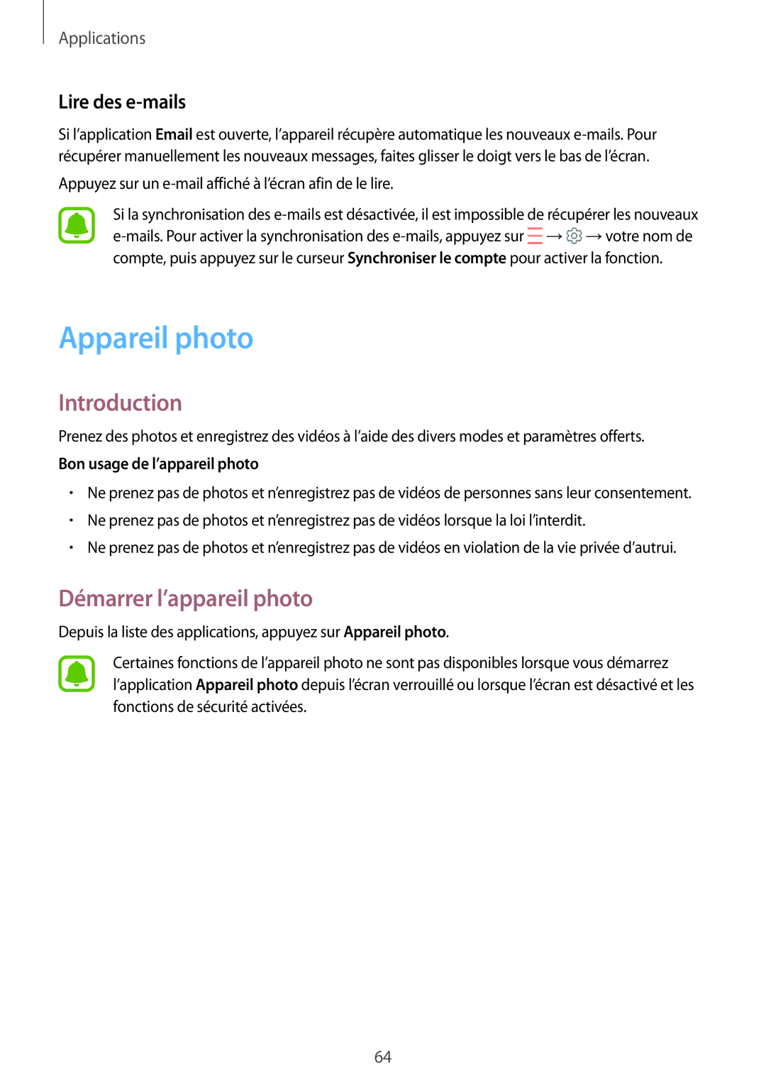 Samsung SM-T719NZWEXEF manual Appareil photo, Démarrer l’appareil photo, Lire des e-mails, Bon usage de l’appareil photo 