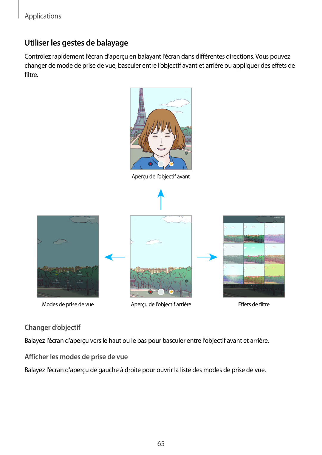 Samsung SM-T719NZKEXEF, SM-T819NZWEXEF, SM-T719NZWEXEF manual Utiliser les gestes de balayage, Changer d’objectif 