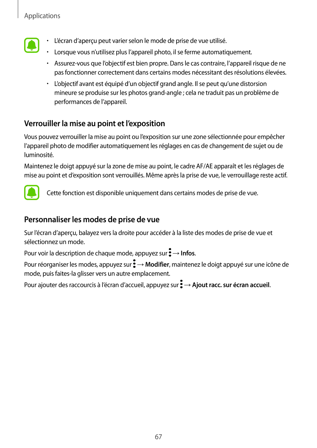 Samsung SM-T719NZWEXEF manual Verrouiller la mise au point et l’exposition, Personnaliser les modes de prise de vue 