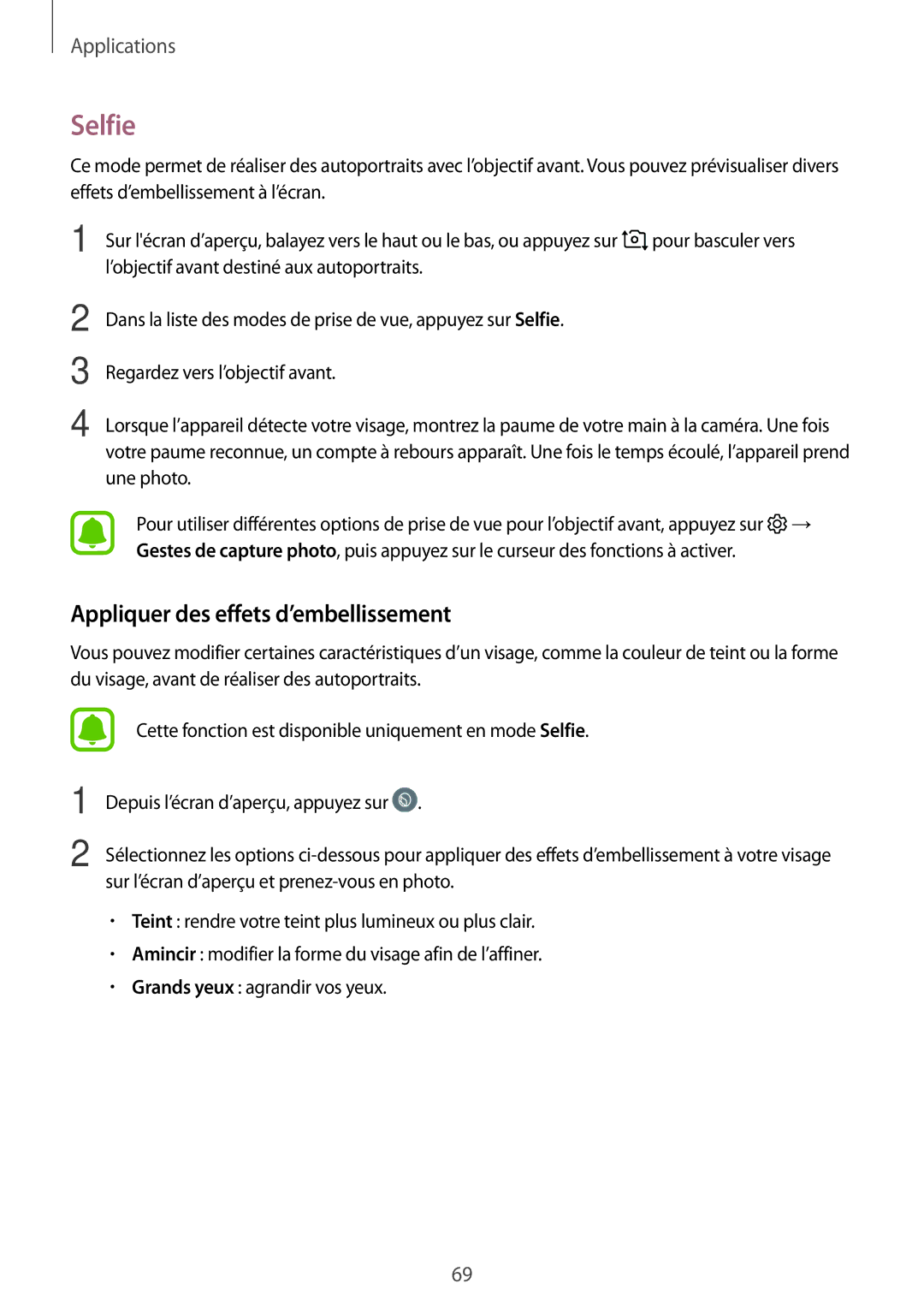 Samsung SM-T819NZWEXEF, SM-T719NZWEXEF, SM-T719NZKEXEF manual Selfie, Appliquer des effets d’embellissement 