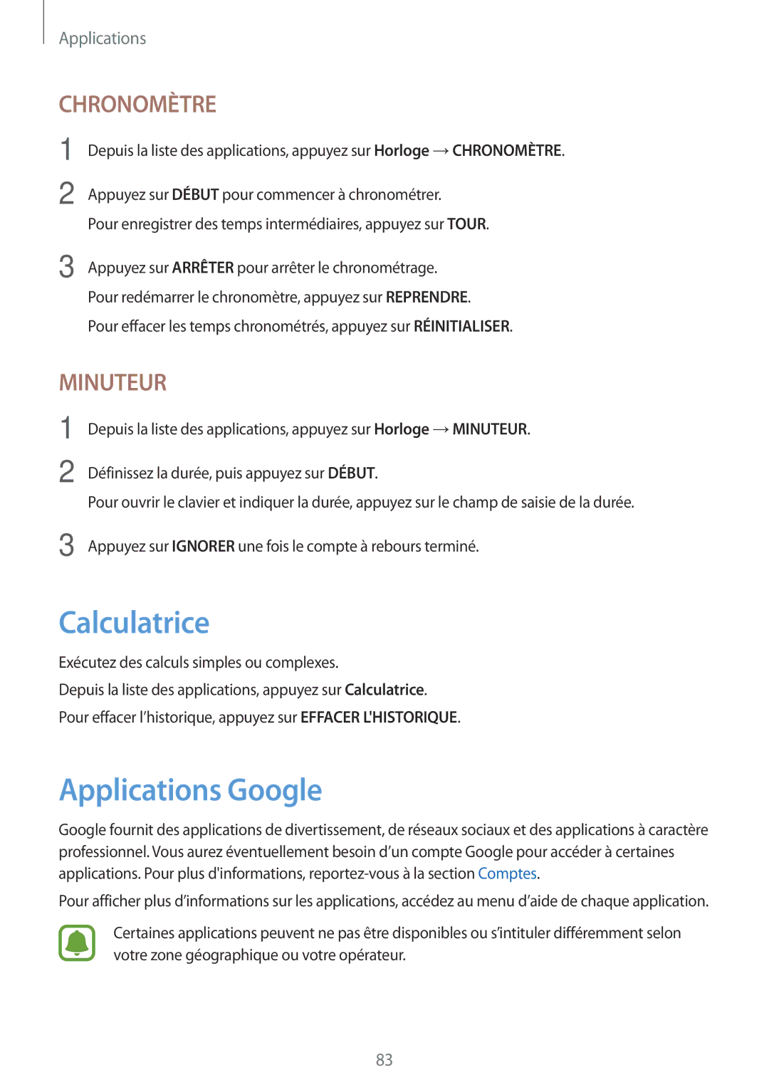 Samsung SM-T719NZKEXEF, SM-T819NZWEXEF, SM-T719NZWEXEF manual Calculatrice, Applications Google 