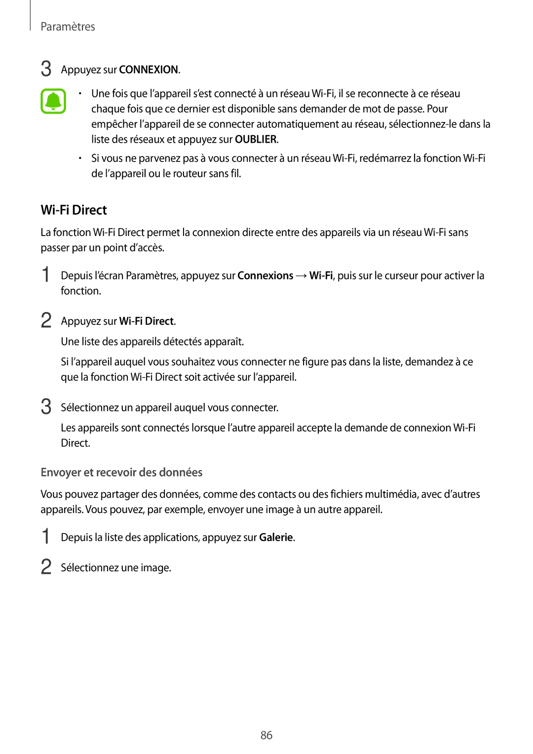 Samsung SM-T719NZKEXEF, SM-T819NZWEXEF, SM-T719NZWEXEF manual Wi-Fi Direct, Paramètres 