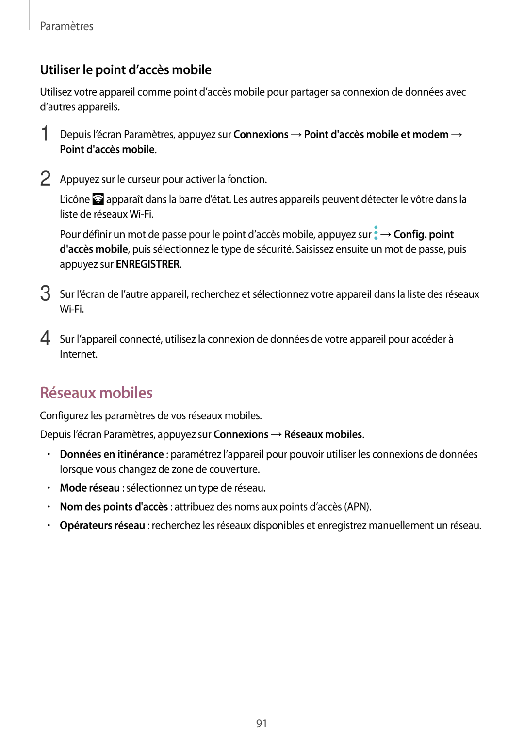 Samsung SM-T719NZWEXEF, SM-T819NZWEXEF, SM-T719NZKEXEF manual Réseaux mobiles, Utiliser le point d’accès mobile 