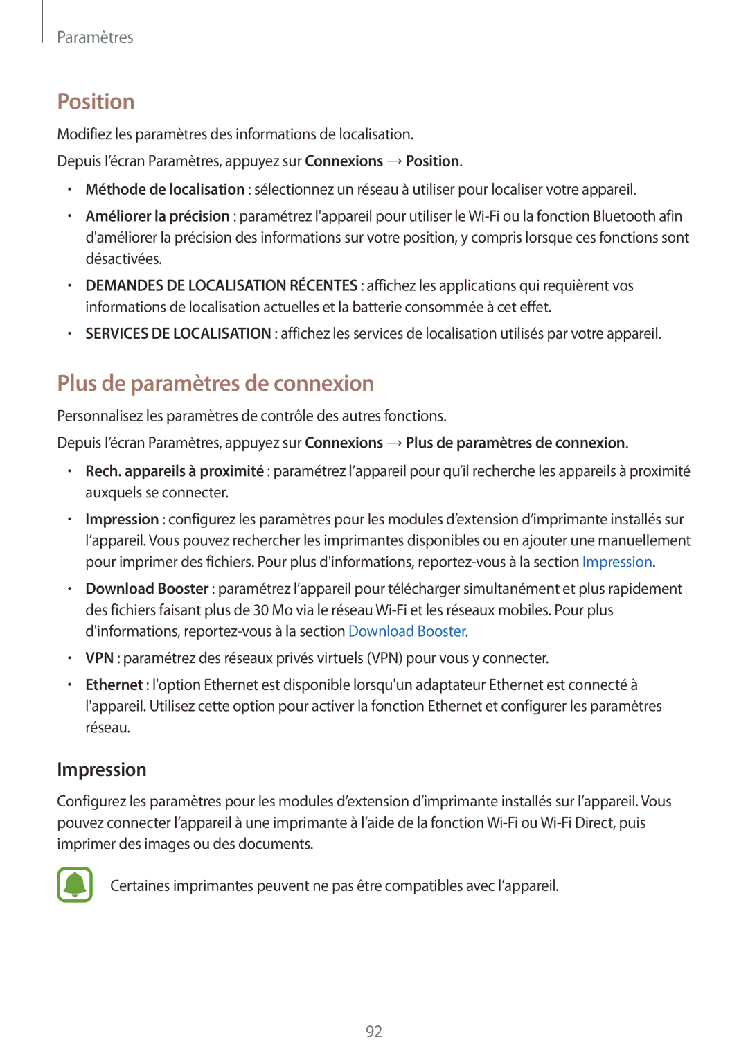 Samsung SM-T719NZKEXEF, SM-T819NZWEXEF, SM-T719NZWEXEF manual Position, Plus de paramètres de connexion, Impression 