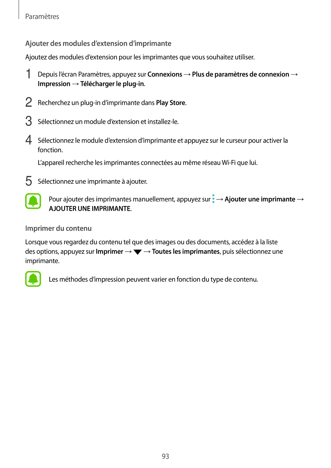 Samsung SM-T819NZWEXEF, SM-T719NZWEXEF, SM-T719NZKEXEF manual Ajouter des modules d’extension d’imprimante 