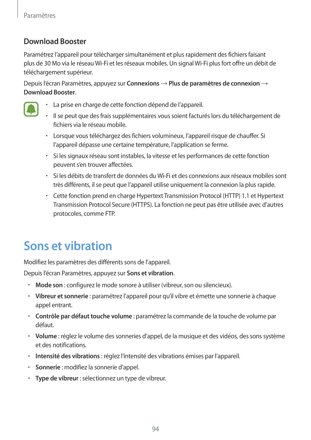 Samsung SM-T719NZWEXEF, SM-T819NZWEXEF, SM-T719NZKEXEF manual Sons et vibration, Download Booster 