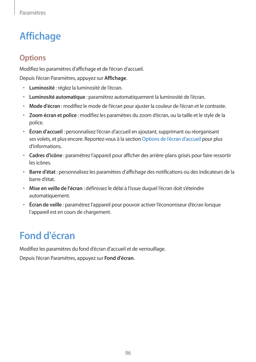Samsung SM-T819NZWEXEF, SM-T719NZWEXEF, SM-T719NZKEXEF manual Affichage, Fond décran, Options 