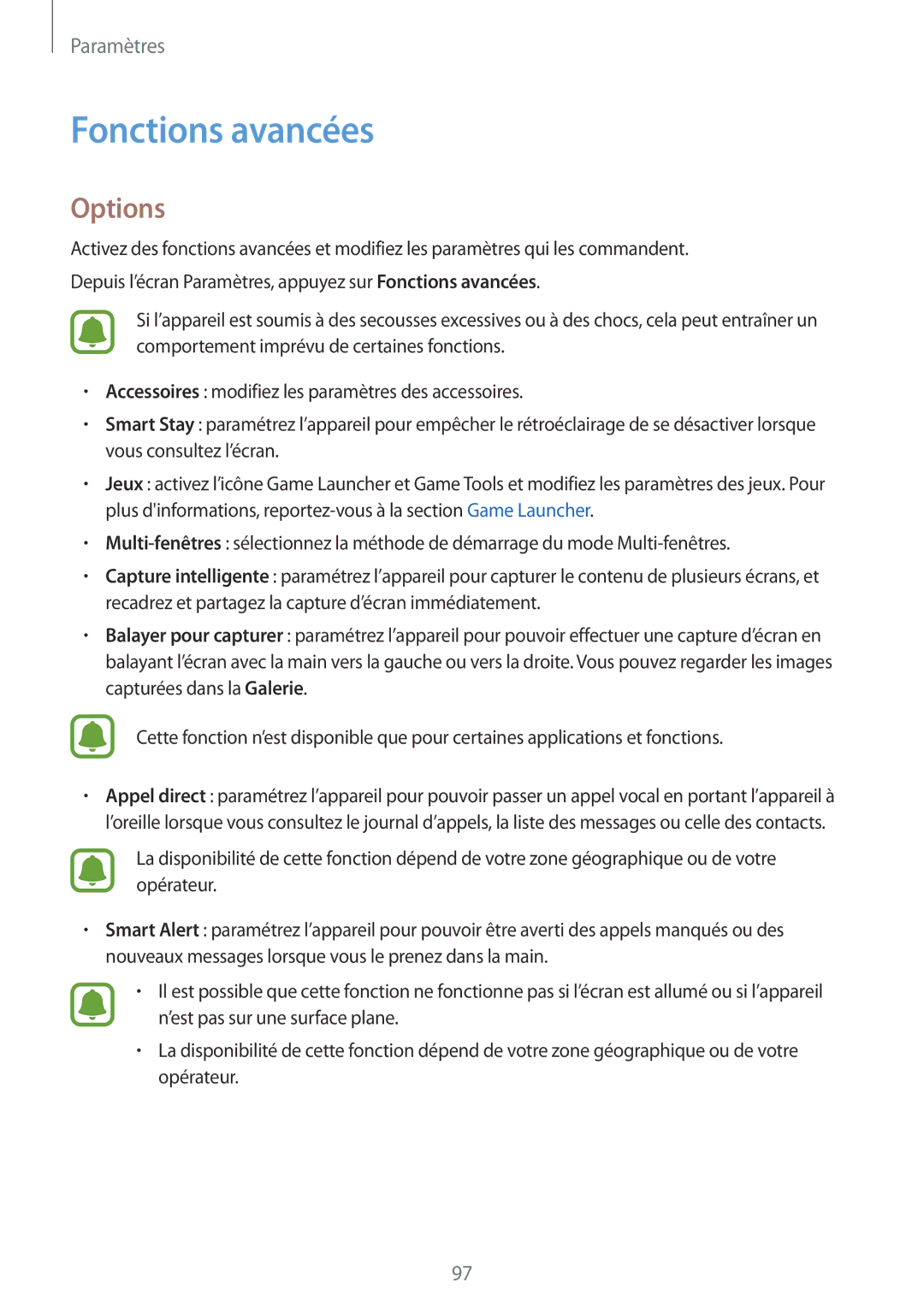 Samsung SM-T719NZWEXEF, SM-T819NZWEXEF, SM-T719NZKEXEF manual Fonctions avancées 