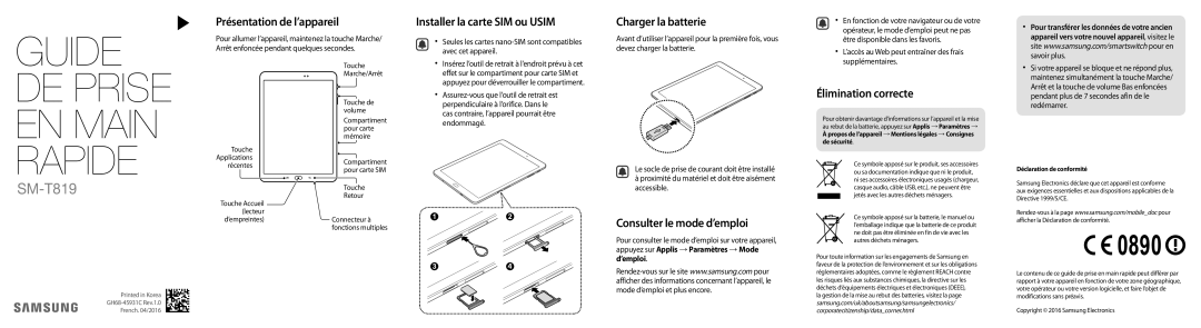 Samsung SM-T819NZWEXEF manual Présentation de l’appareil, Installer la carte SIM ou Usim, Charger la batterie 