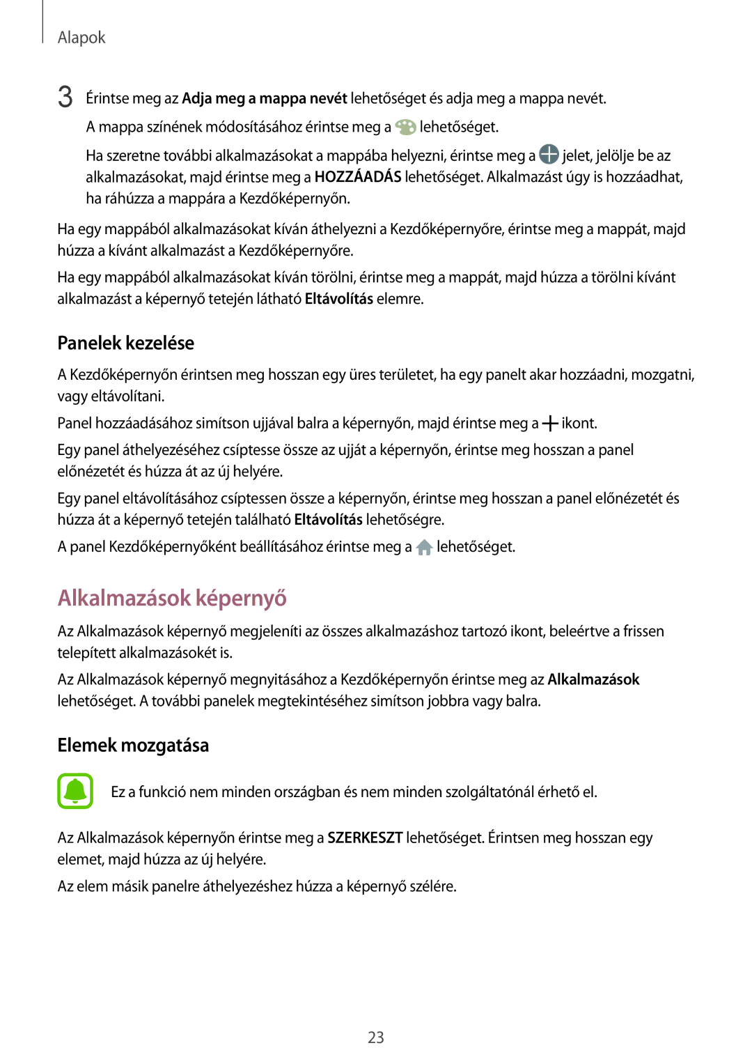 Samsung SM-T819NZKEXEH, SM-T819NZWEXEH, SM-T719NZKEXEH, SM-T719NZWEXEH manual Alkalmazások képernyő, Panelek kezelése 