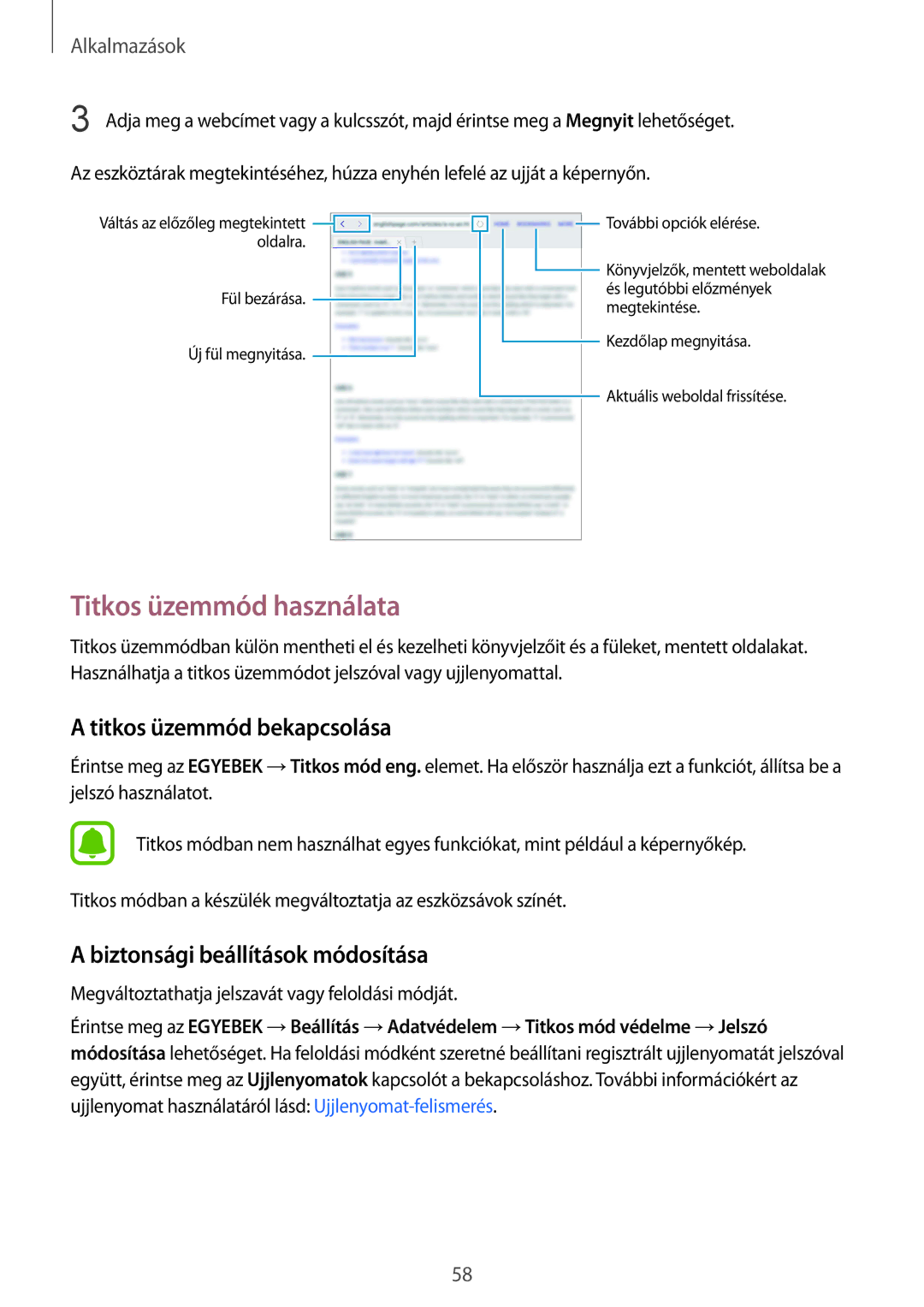 Samsung SM-T719NZWEXEH manual Titkos üzemmód használata, Titkos üzemmód bekapcsolása, Biztonsági beállítások módosítása 