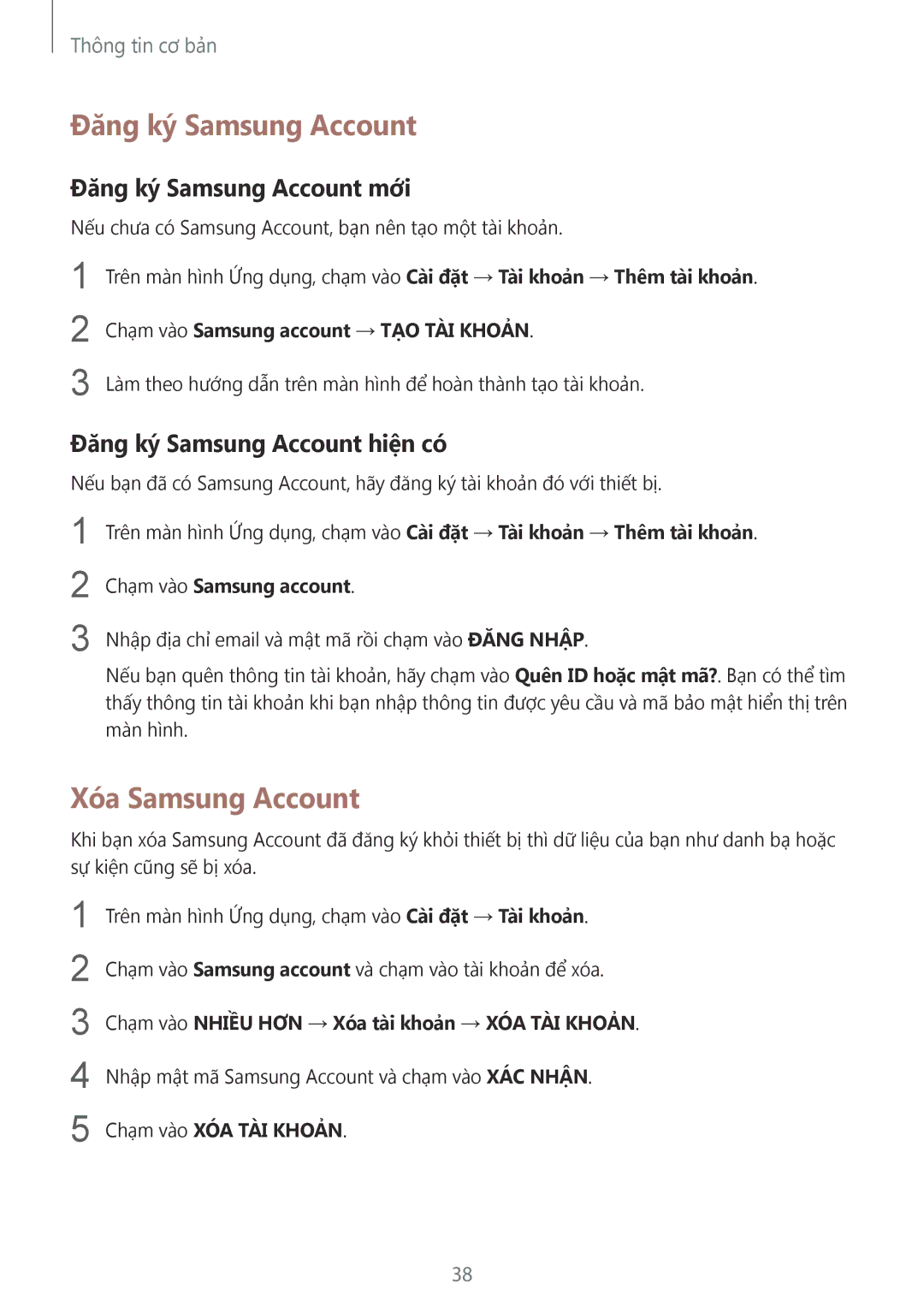 Samsung SM-T719YZDEXXV manual Xóa Samsung Account, Đăng ký Samsung Account mới, Đăng ký Samsung Account hiện có 