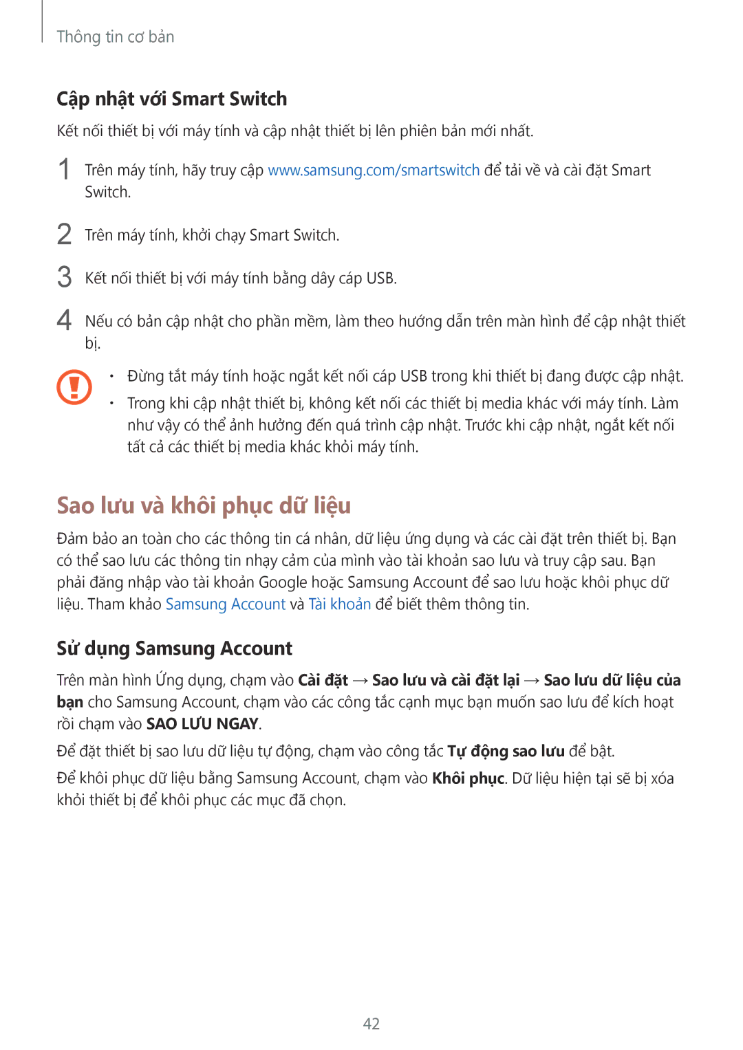 Samsung SM-T719YZDEXXV, SM-T819YZDEXXV Sao lưu và̀ khôi phục dữ liệu, Cập nhật với Smart Switch, Sử dụng Samsung Account 