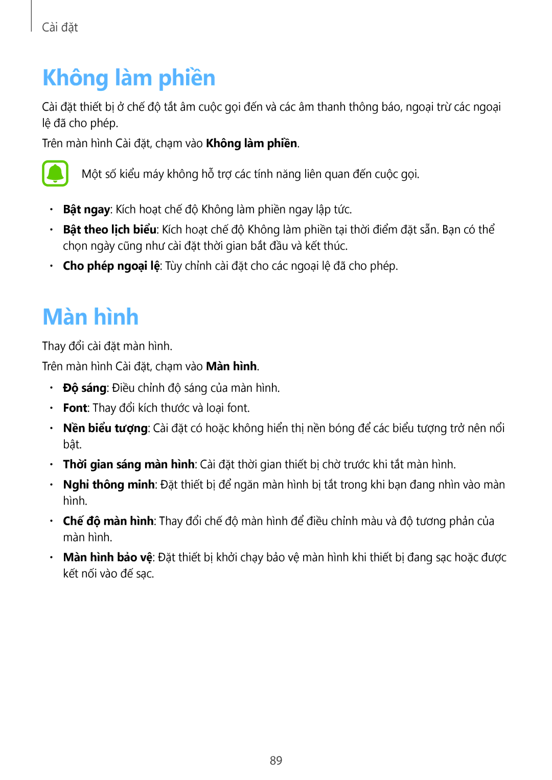 Samsung SM-T819YZWEXXV, SM-T819YZDEXXV, SM-T719YZDEXXV, SM-T719YZWEXXV manual Không là̀m phiền, Mà̀n hình 