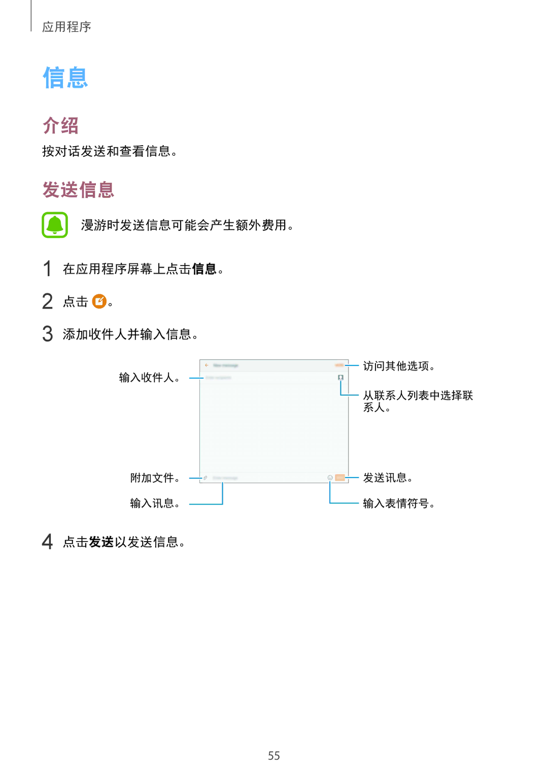 Samsung SM-T719YZWEXXV, SM-T819YZDEXXV manual 按对话发送和查看信息。, 漫游时发送信息可能会产生额外费用。 在应用程序屏幕上点击信息。 点击 。 添加收件人并输入信息。, 点击发送以发送信息。 