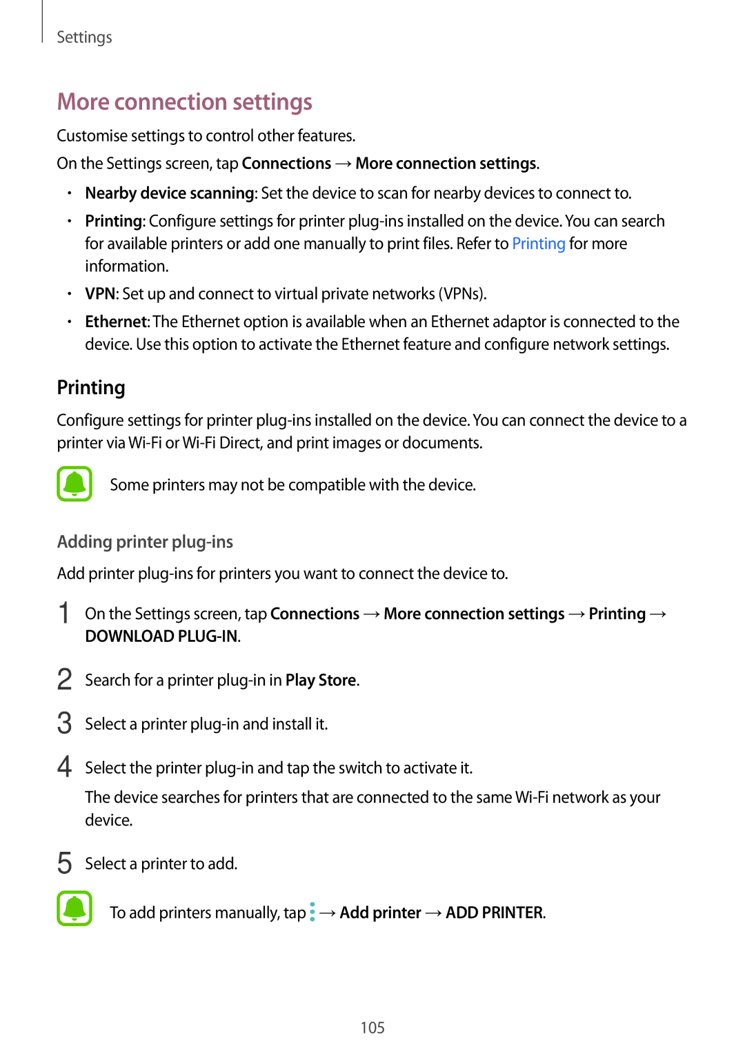 Samsung SM-T820NZKAILO, SM-T820NZKADBT, SM-T820NZSADBT, SM-T820NZKAXEF, SM-T820NZSAXEF More connection settings, Printing 