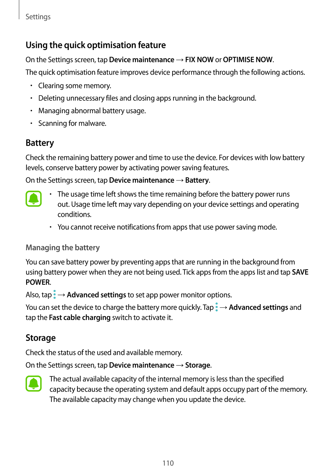 Samsung SM-T820NZKAXEF, SM-T820NZKADBT, SM-T820NZSADBT manual Using the quick optimisation feature, Battery, Storage 