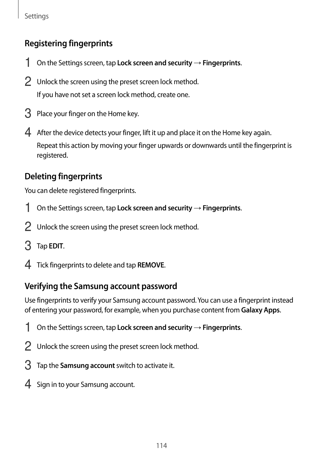 Samsung SM-T820NZKAPHE manual Registering fingerprints, Deleting fingerprints, Verifying the Samsung account password 