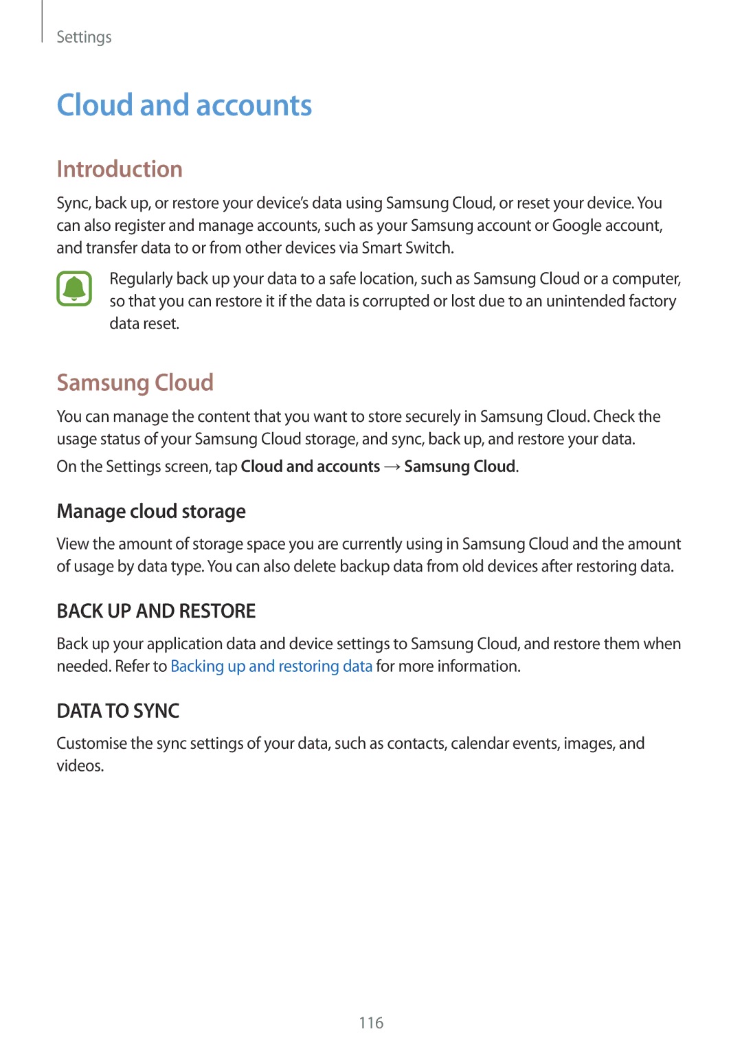 Samsung SM-T820NZSABGL, SM-T820NZKADBT, SM-T820NZSADBT manual Cloud and accounts, Samsung Cloud, Manage cloud storage 