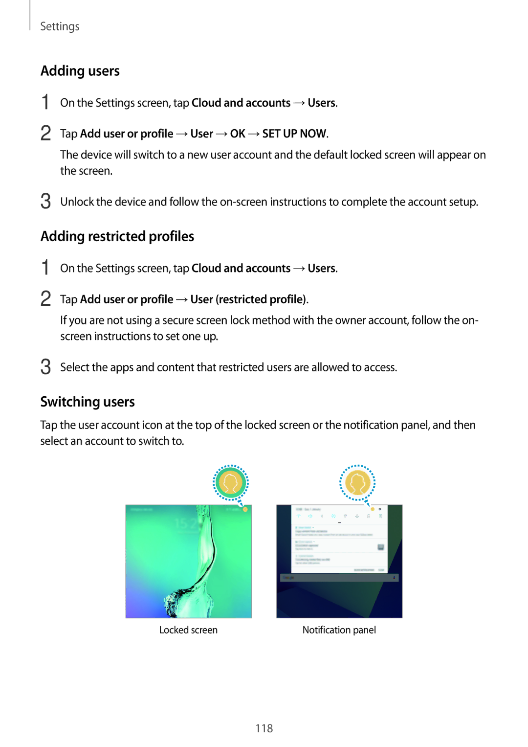 Samsung SM-T820NZSAXSK, SM-T820NZKADBT, SM-T820NZSADBT manual Adding users, Adding restricted profiles, Switching users 