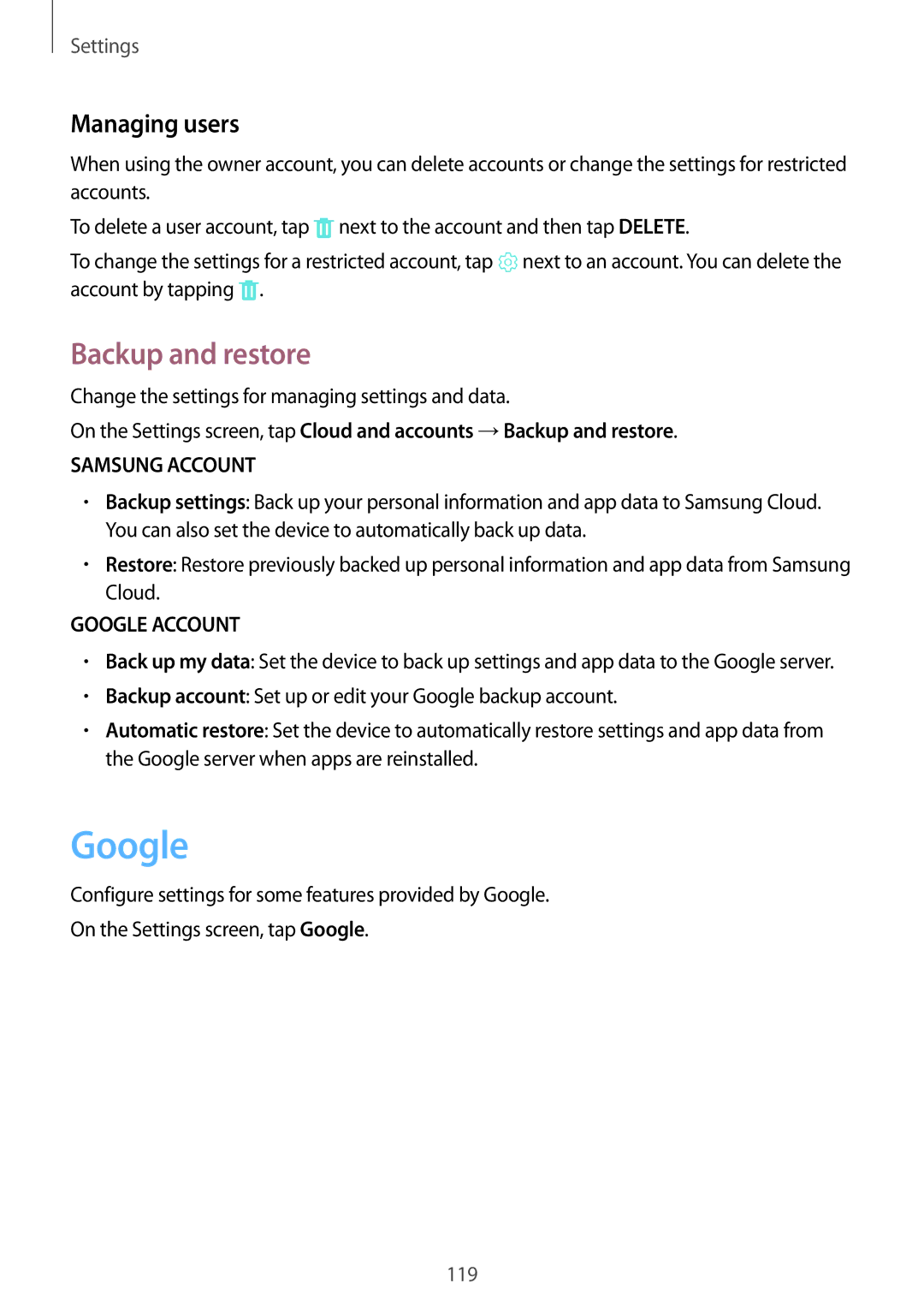 Samsung SM-T820NZSAXEZ, SM-T820NZKADBT, SM-T820NZSADBT, SM-T820NZKAXEF manual Google, Backup and restore, Managing users 