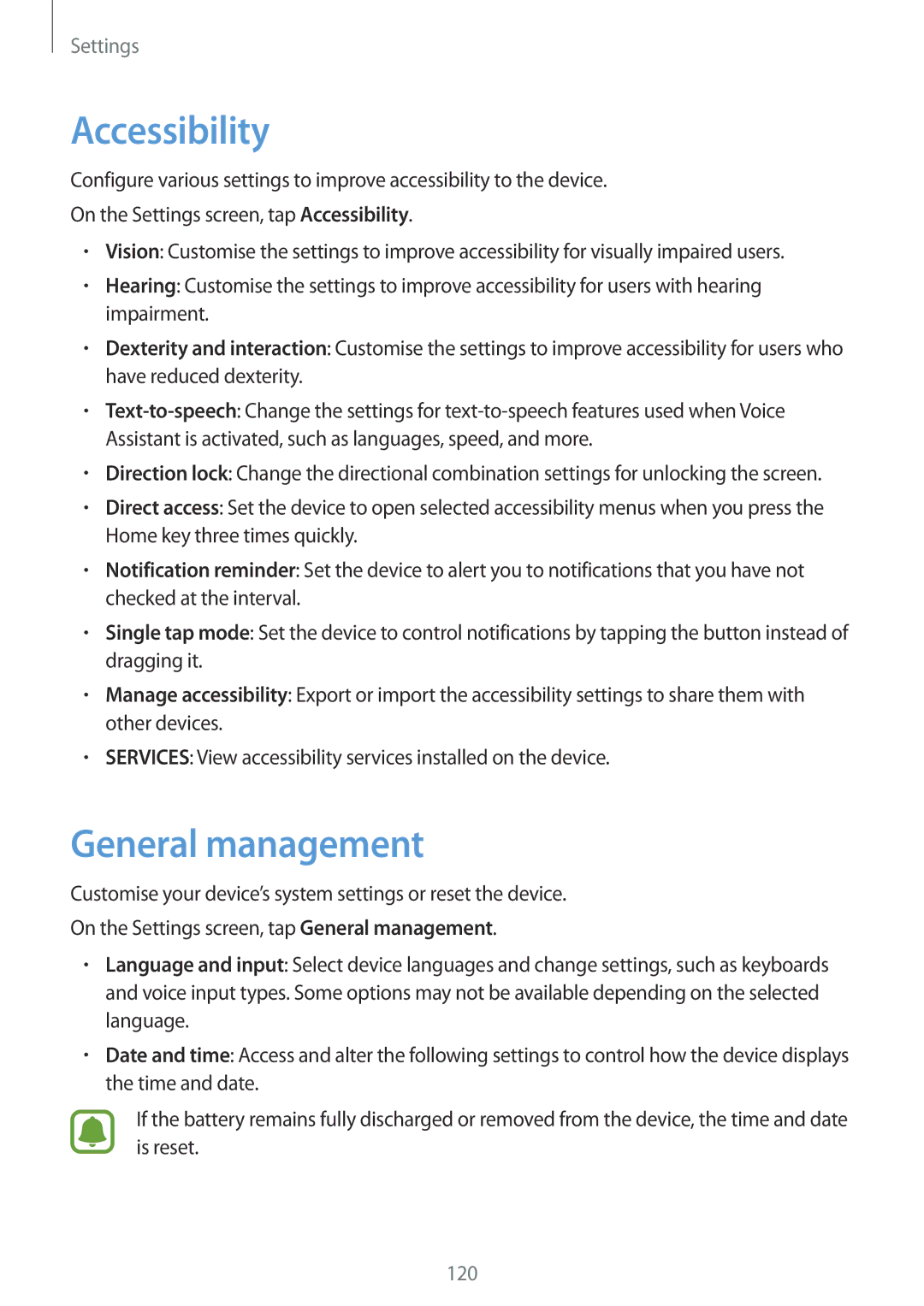 Samsung SM-T820NZSAXEH, SM-T820NZKADBT, SM-T820NZSADBT, SM-T820NZKAXEF, SM-T820NZSAXEF manual Accessibility, General management 