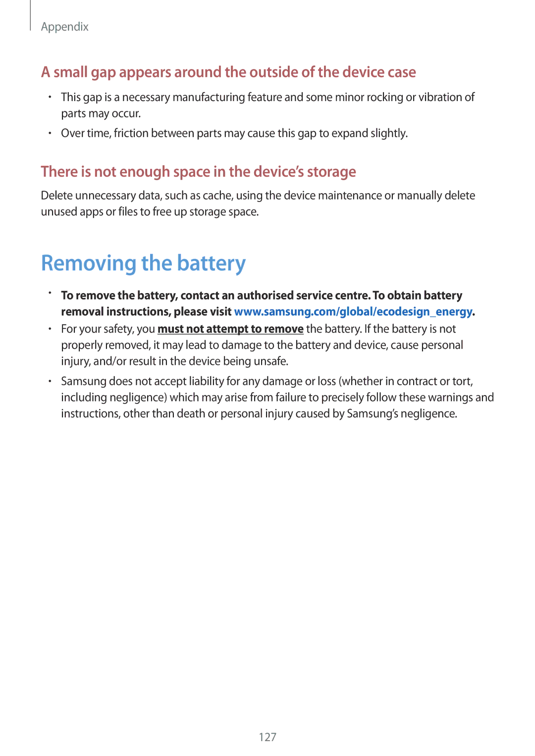 Samsung SM-T820NZSANEE, SM-T820NZKADBT manual Removing the battery, Small gap appears around the outside of the device case 