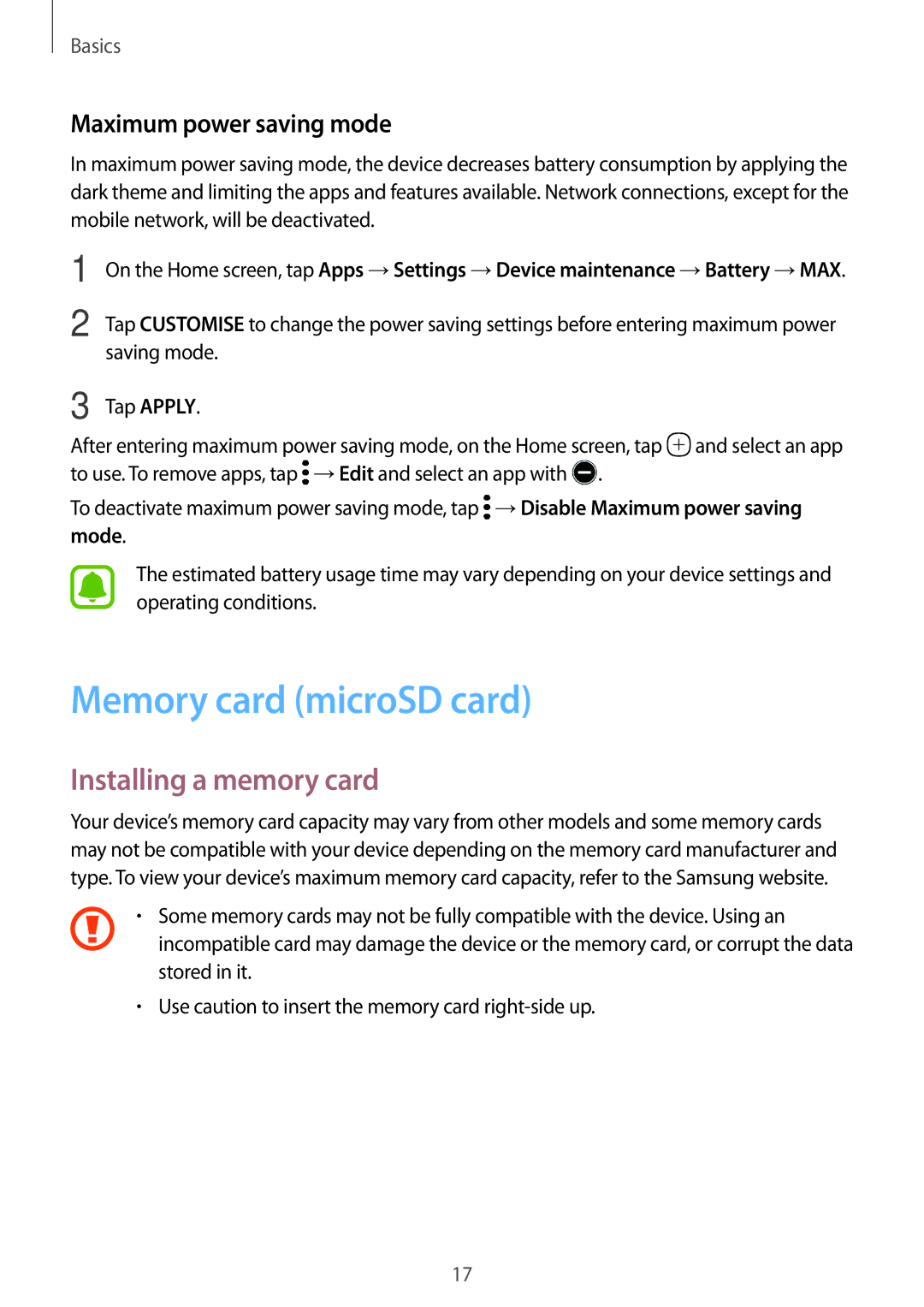 Samsung SM-T820NZSAATO, SM-T820NZKADBT Memory card microSD card, Installing a memory card, Maximum power saving mode, Mode 