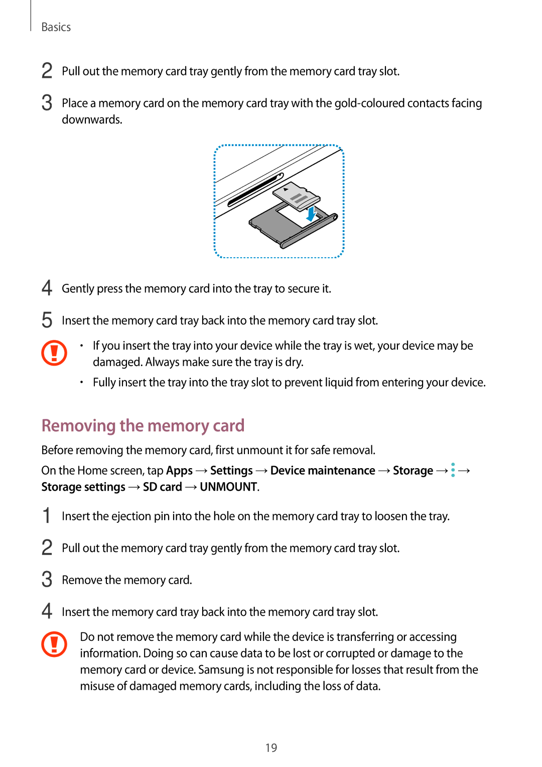 Samsung SM-T820NZSANEE, SM-T820NZKADBT, SM-T820NZSADBT, SM-T820NZKAXEF, SM-T820NZSAXEF manual Removing the memory card 