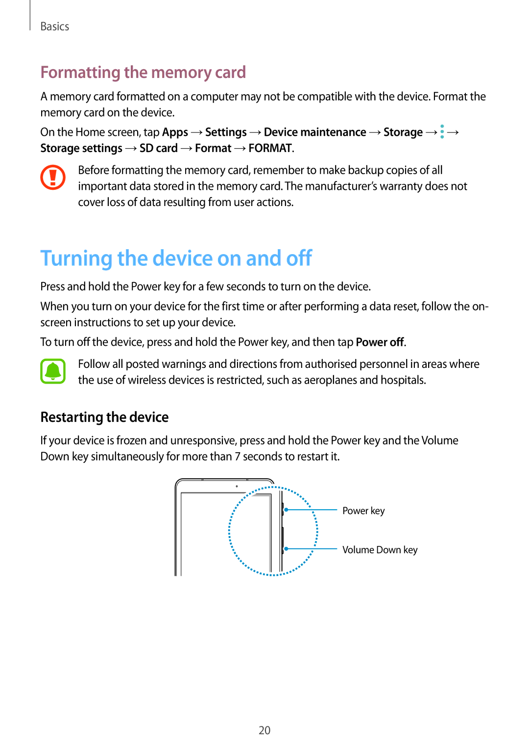 Samsung SM-T820NZKASEB, SM-T820NZKADBT Turning the device on and off, Formatting the memory card, Restarting the device 