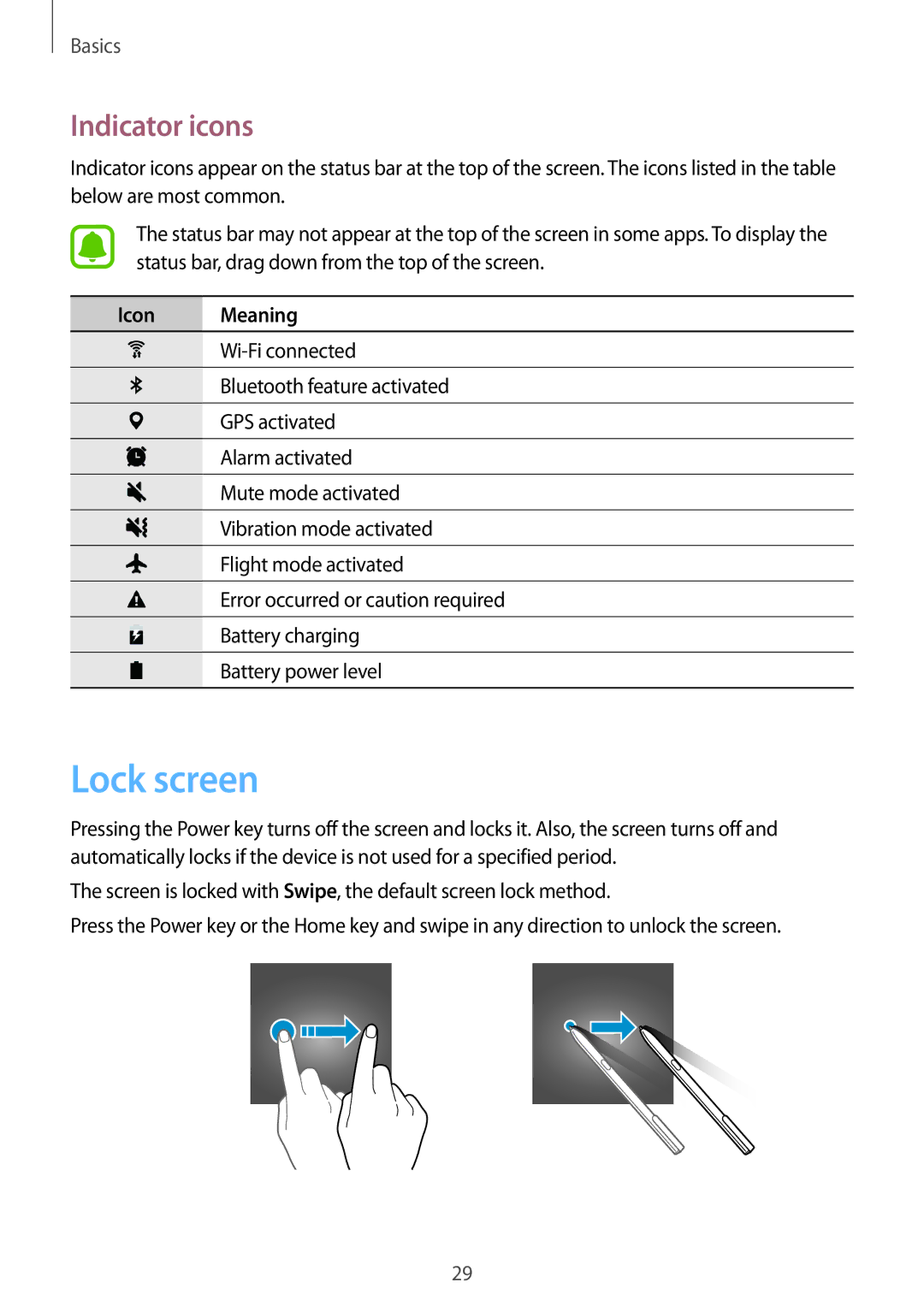 Samsung SM-T820NZKAXEF, SM-T820NZKADBT, SM-T820NZSADBT, SM-T820NZSAXEF manual Lock screen, Indicator icons, Icon Meaning 