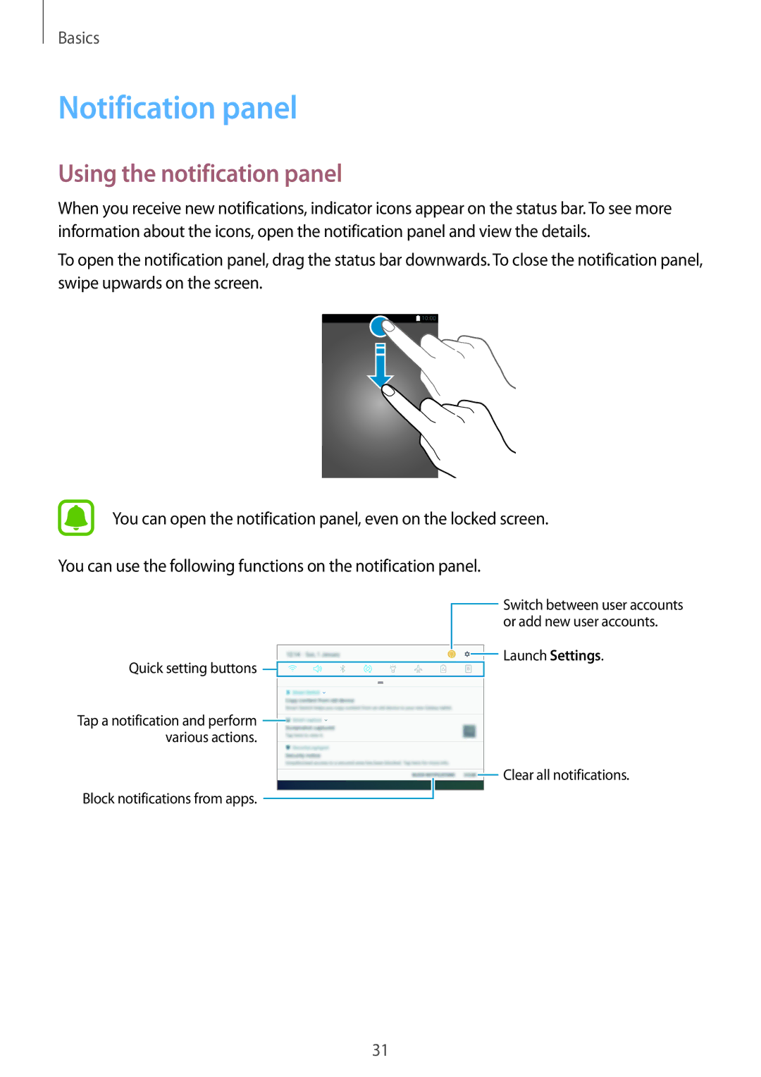 Samsung SM-T820NZSAITV, SM-T820NZKADBT, SM-T820NZSADBT, SM-T820NZKAXEF manual Notification panel, Using the notification panel 