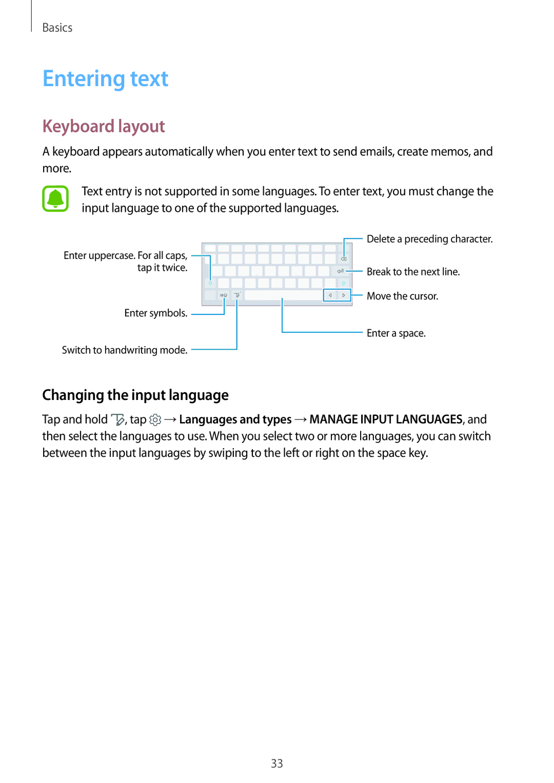 Samsung SM-T820NZKAPHE, SM-T820NZKADBT, SM-T820NZSADBT manual Entering text, Keyboard layout, Changing the input language 