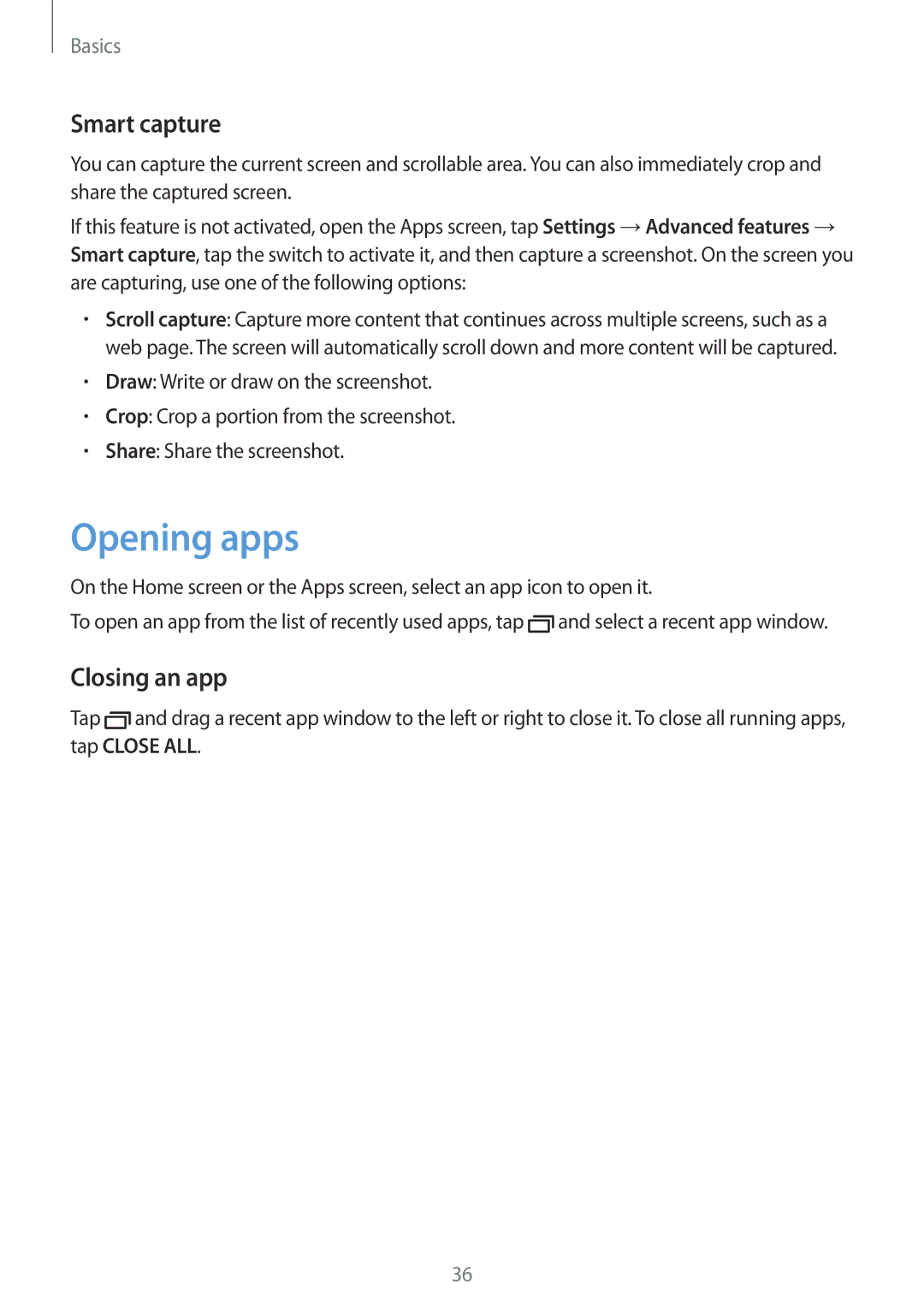 Samsung SM-T820NZKAXSK, SM-T820NZKADBT, SM-T820NZSADBT, SM-T820NZKAXEF manual Opening apps, Smart capture, Closing an app 