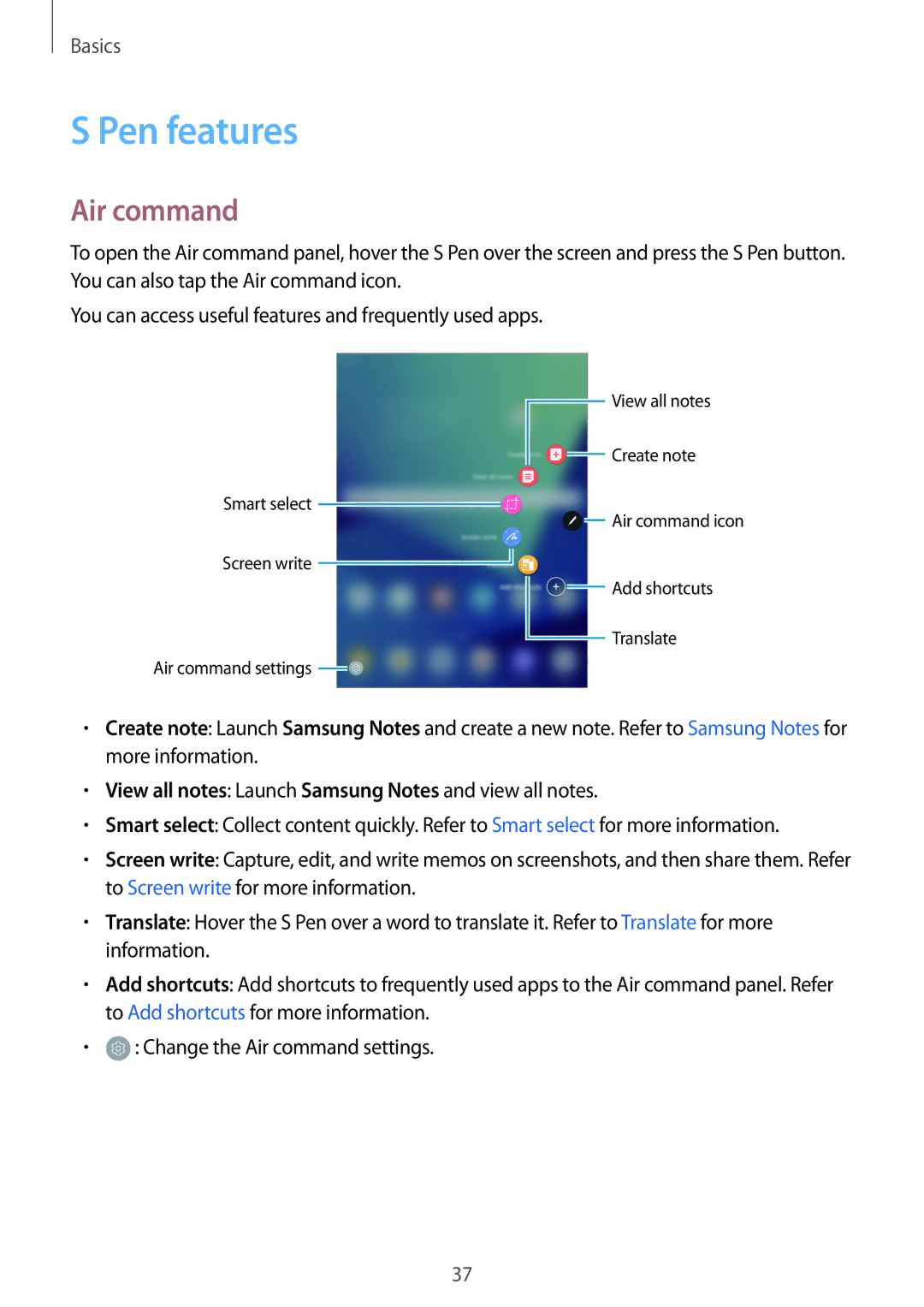 Samsung SM-T820NZSAXSK, SM-T820NZKADBT Pen features, Air command, View all notes Launch Samsung Notes and view all notes 