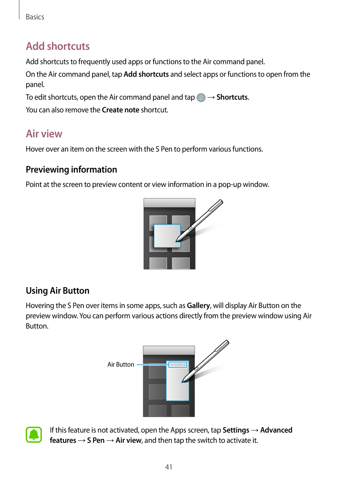 Samsung SM-T820NZKAXEZ, SM-T820NZKADBT, SM-T820NZSADBT Add shortcuts, Air view, Previewing information, Using Air Button 