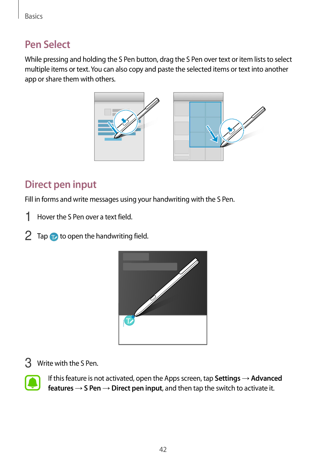 Samsung SM-T820NZKAXEH, SM-T820NZKADBT, SM-T820NZSADBT, SM-T820NZKAXEF, SM-T820NZSAXEF manual Pen Select, Direct pen input 