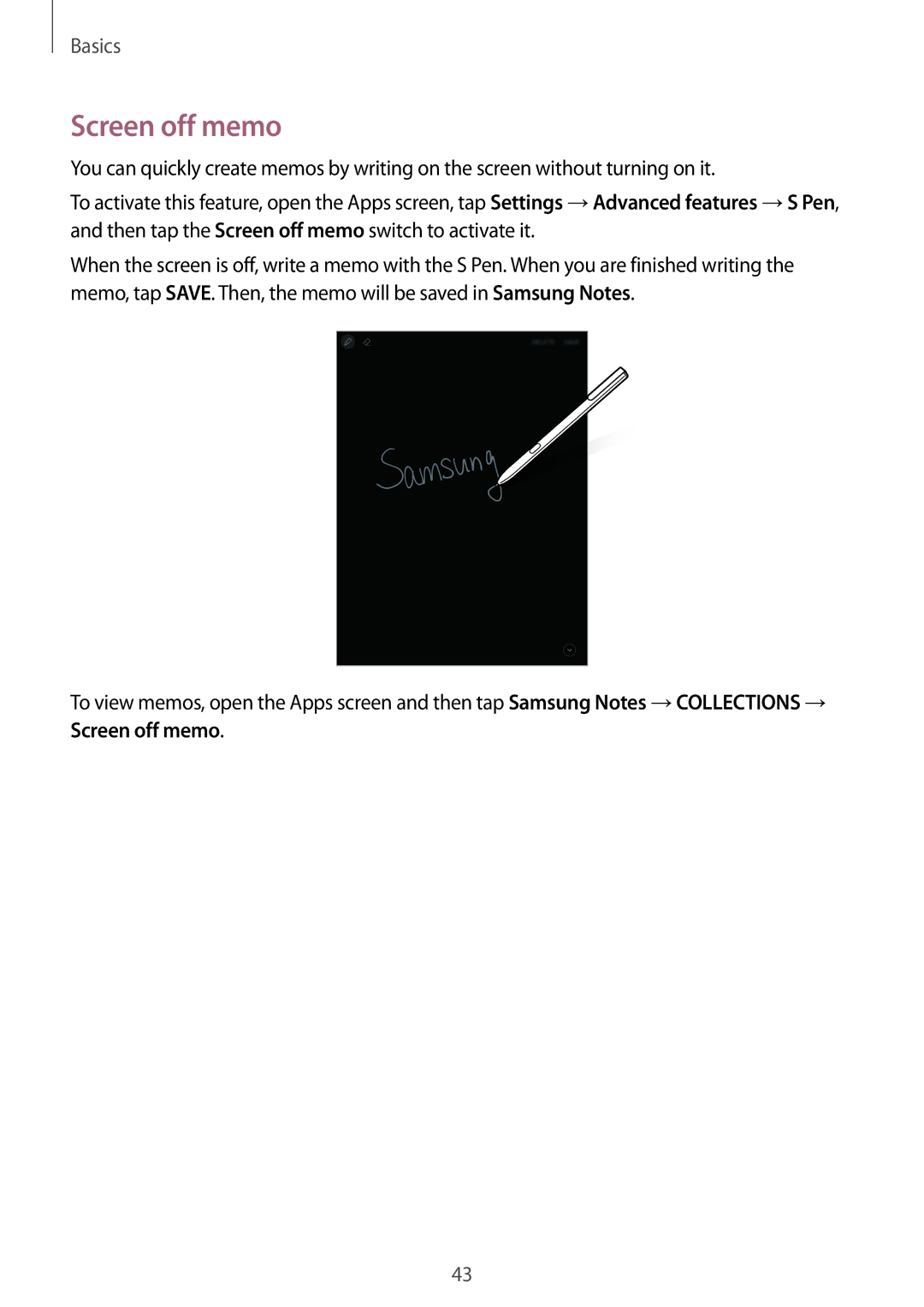 Samsung SM-T820NZKAATO, SM-T820NZKADBT, SM-T820NZSADBT, SM-T820NZKAXEF, SM-T820NZSAXEF, SM-T820NZSAITV manual Screen off memo 