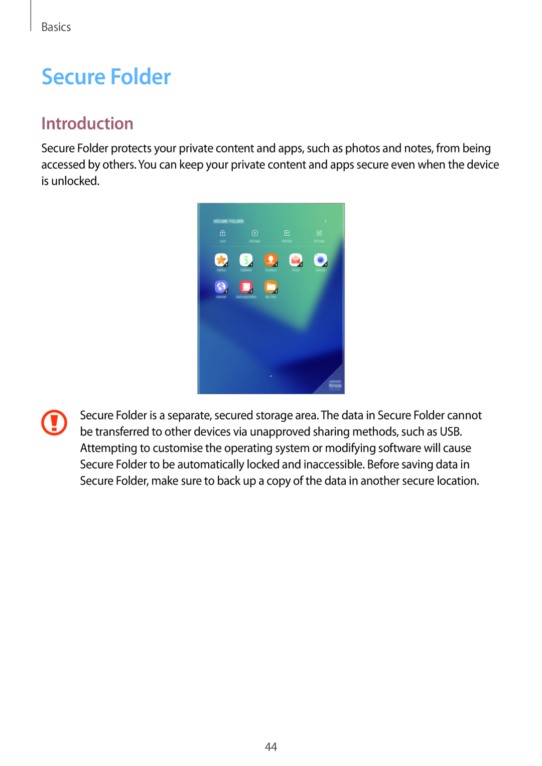 Samsung SM-T820NZSAATO, SM-T820NZKADBT, SM-T820NZSADBT, SM-T820NZKAXEF, SM-T820NZSAXEF manual Secure Folder, Introduction 