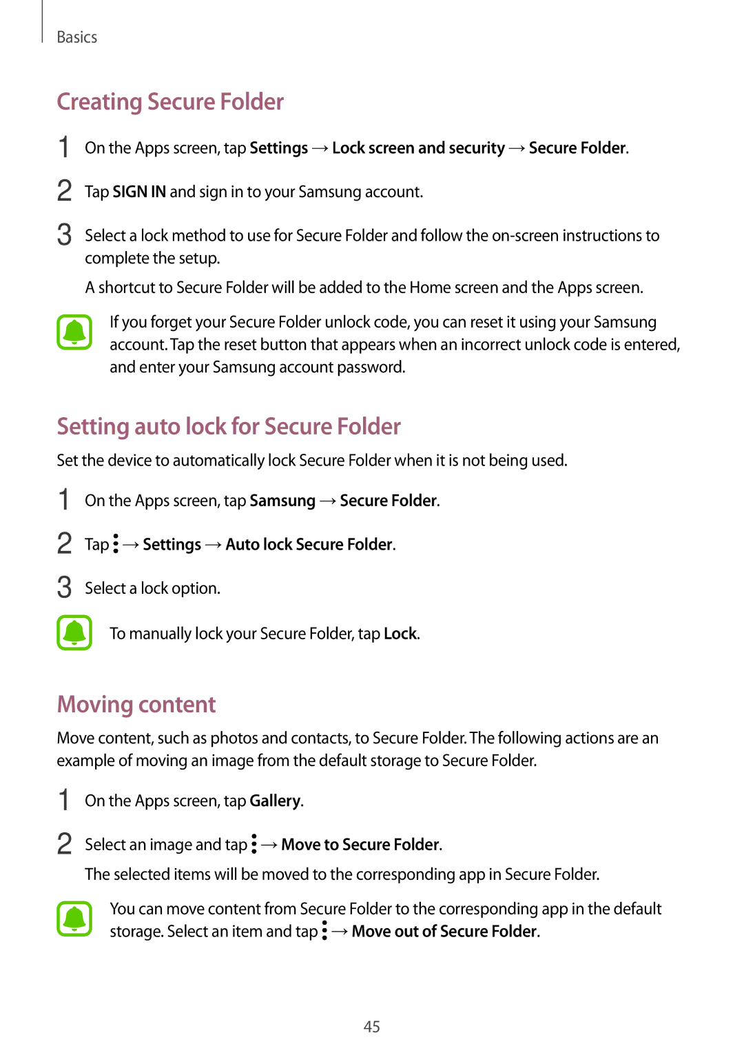 Samsung SM-T820NZKANEE, SM-T820NZKADBT manual Creating Secure Folder, Setting auto lock for Secure Folder, Moving content 